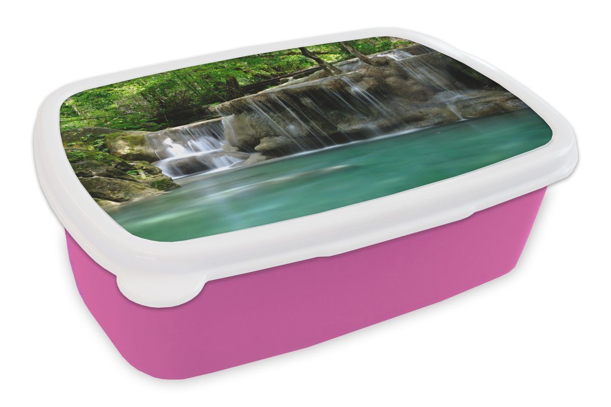 MuchoWow Lunchbox Mehrere kleine Wasserfälle im Erawan-Nationalpark in Thailand, Kunststoff, (2-tlg), Brotbox für Erwachsene, Brotdose Kinder, Snackbox, Mädchen, Kunststoff rosa