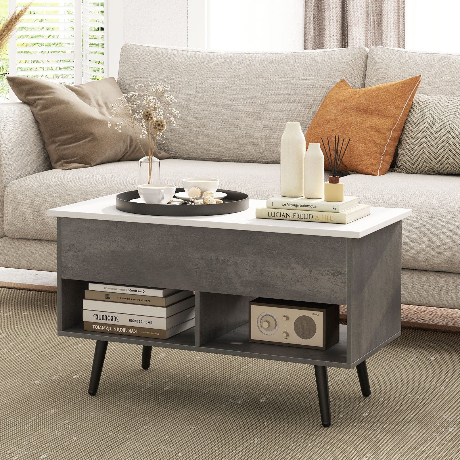 COSTWAY Couchtisch, höhenverstellbar, Stauraum mit 2 Fächern, 80x40x44,5-85 günstig online kaufen