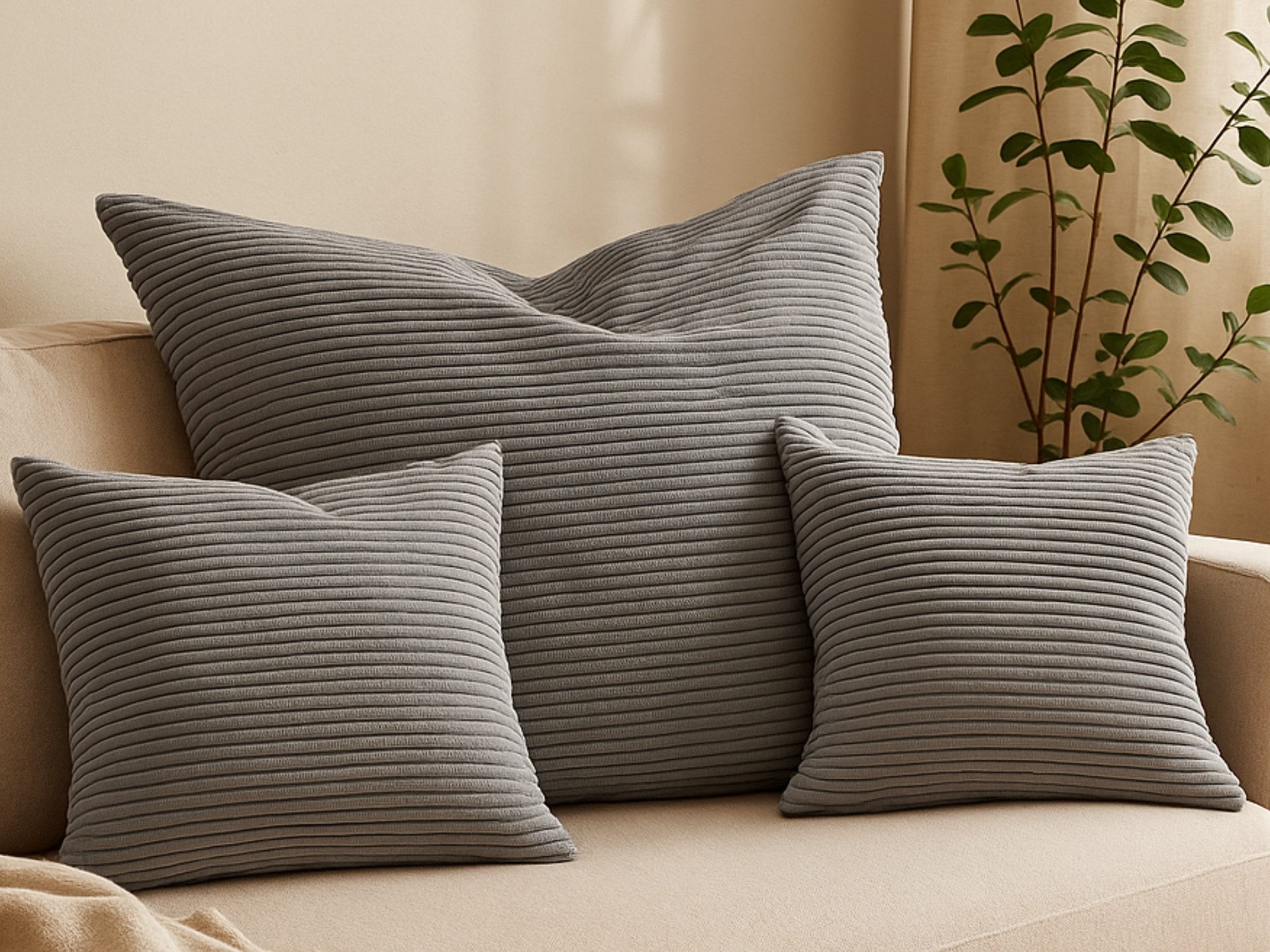 XDREAM Dekokissen Zierkissen, Sofakissen-Set bestehend aus 1x 90x90 cm und 2x 45x45 cm, gemütliches Sofakissen mit robuster und moderner Cord-Optik