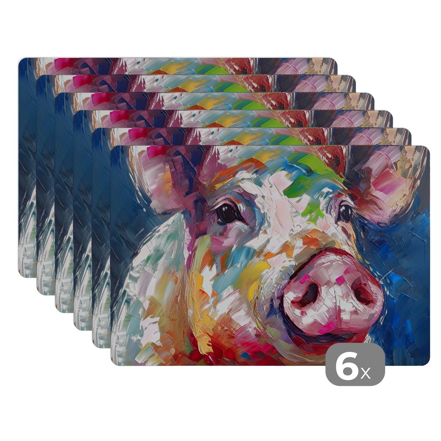 Platzset, Schwein - Ölfarbe - Schmutzabweisend Kunst, Tischmatten, Tiere Platzset, (6-St), Platzmatte, - Platzdecken, MuchoWow