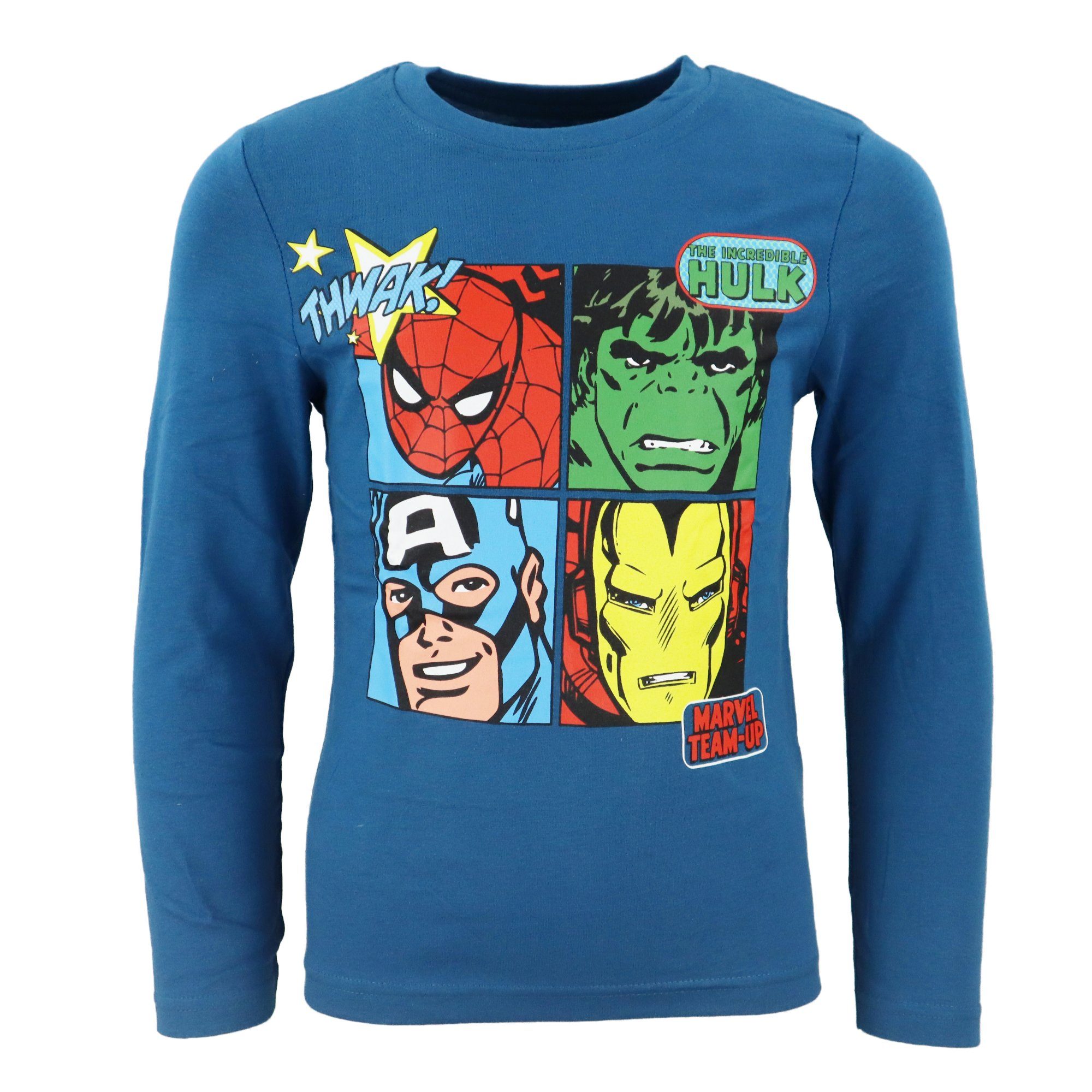 Baumwolle Marvel Blau Kinder bis Avengers Gr. Schlafanzug langarm Jungen Pyjama MARVEL 100% 134 104