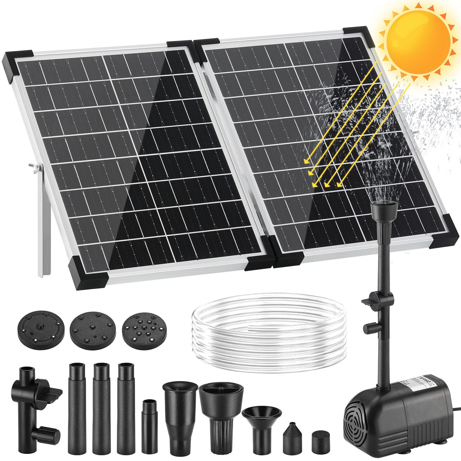 TLGREEN Solarpumpe Solar Springbrunnen Pumpe (35W, Solarbetriebene Teichpumpe mit 8 Düsen, Bürstenlosmotor, Für Gartenteich, Vogelbad, Wasserzirkulation Außen)