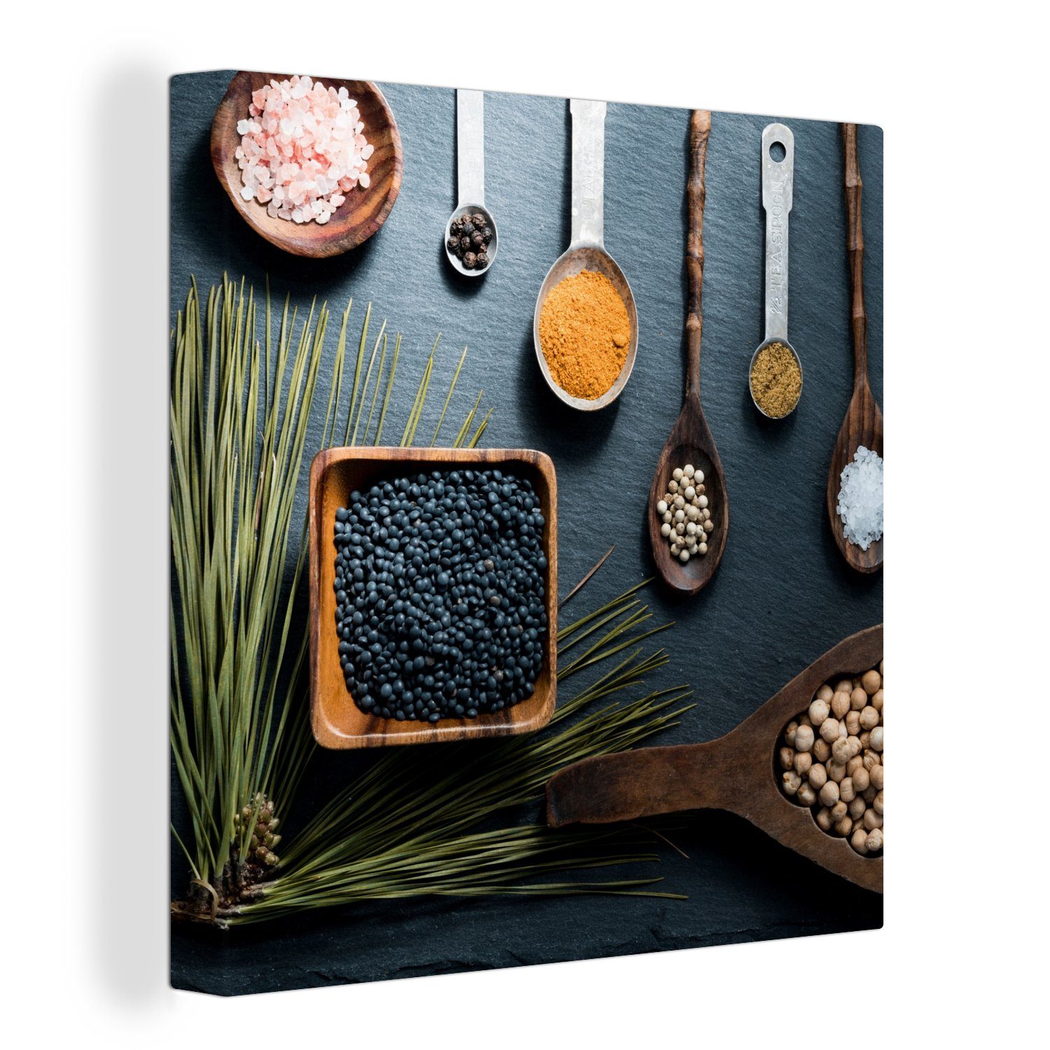 OneMillionCanvasses® Leinwandbild Kräuter - Löffel - Gewürze - Küche, (1 St), Leinwand Bilder für Wohnzimmer Schlafzimmer