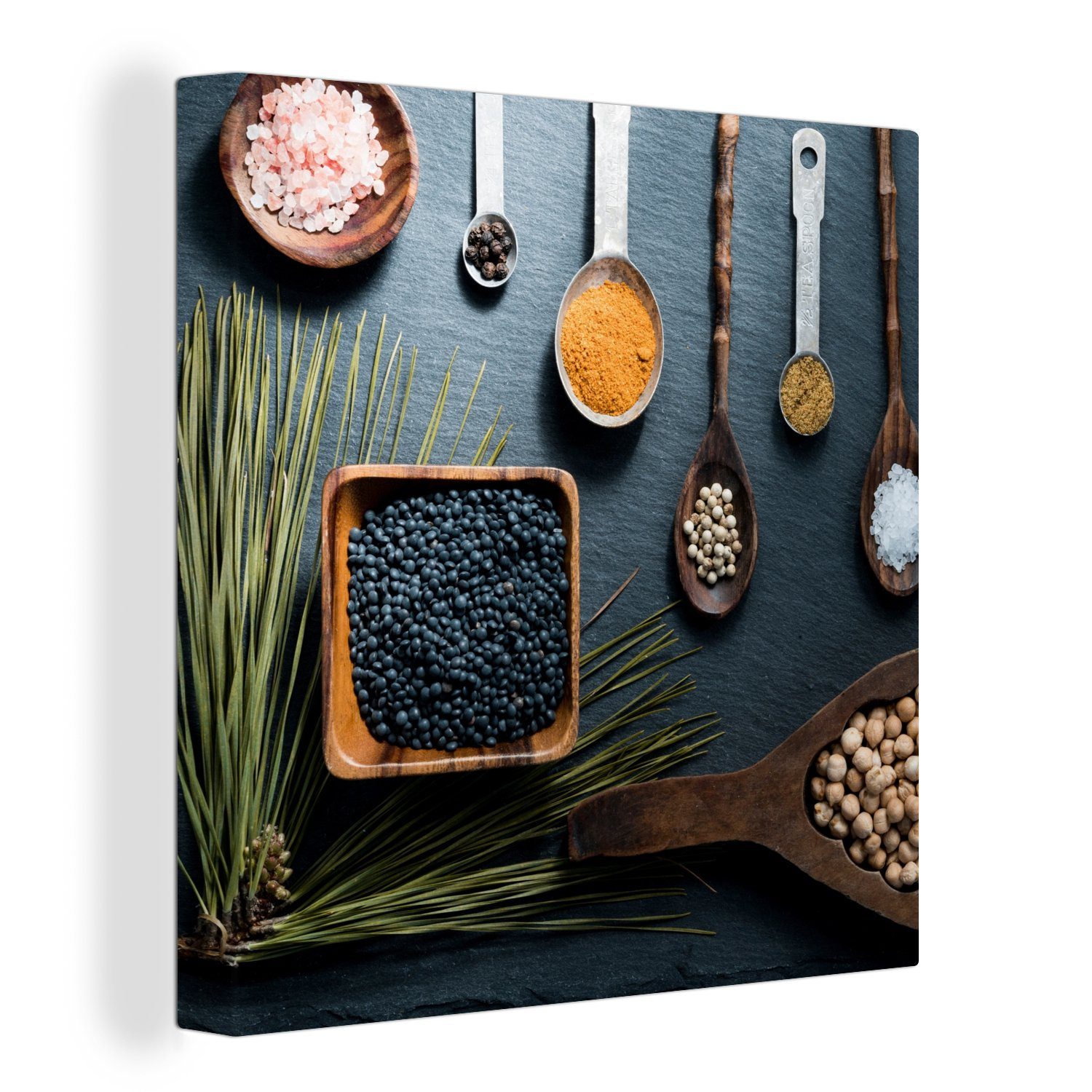 OneMillionCanvasses® Leinwandbild Kräuter - Löffel - Gewürze - Küche, Fotodruck (1 St), Wandbild, Deko Schlafzimmer Wohnzimmer Flur 20x20 cm