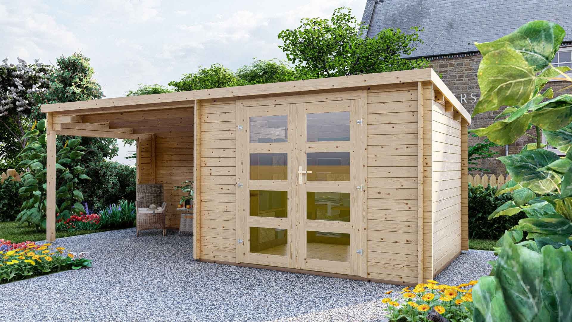 Finn Art Blockhaus Gartenhaus Flachdach 6x3m Holz Funny 4 in 28mm Wandstärke, BxT: 298x240 cm, mit 18 mm Fußboden mit Anbau, mit Premium Dachbahn selbstklebend
