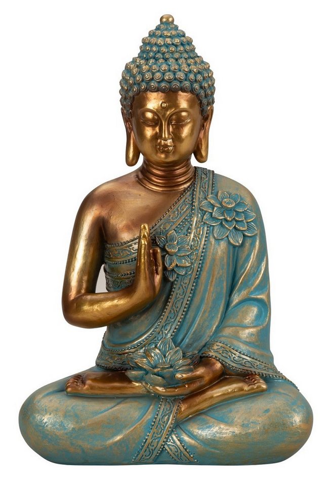 Geschenkestadl Buddhafigur Buddha Figur 31,5cm türkis gold mit Lotusblume Geborgenheit und Schutz (1 St)