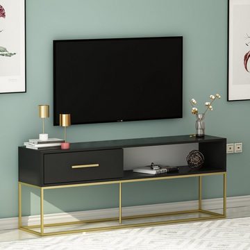 moebel17 TV-Regal TV Lowboard Mira Schwarz Gold mit Metall Füße 9635, modernes TV Lowboard in Schwarz mit Goldenen Metallfüßen