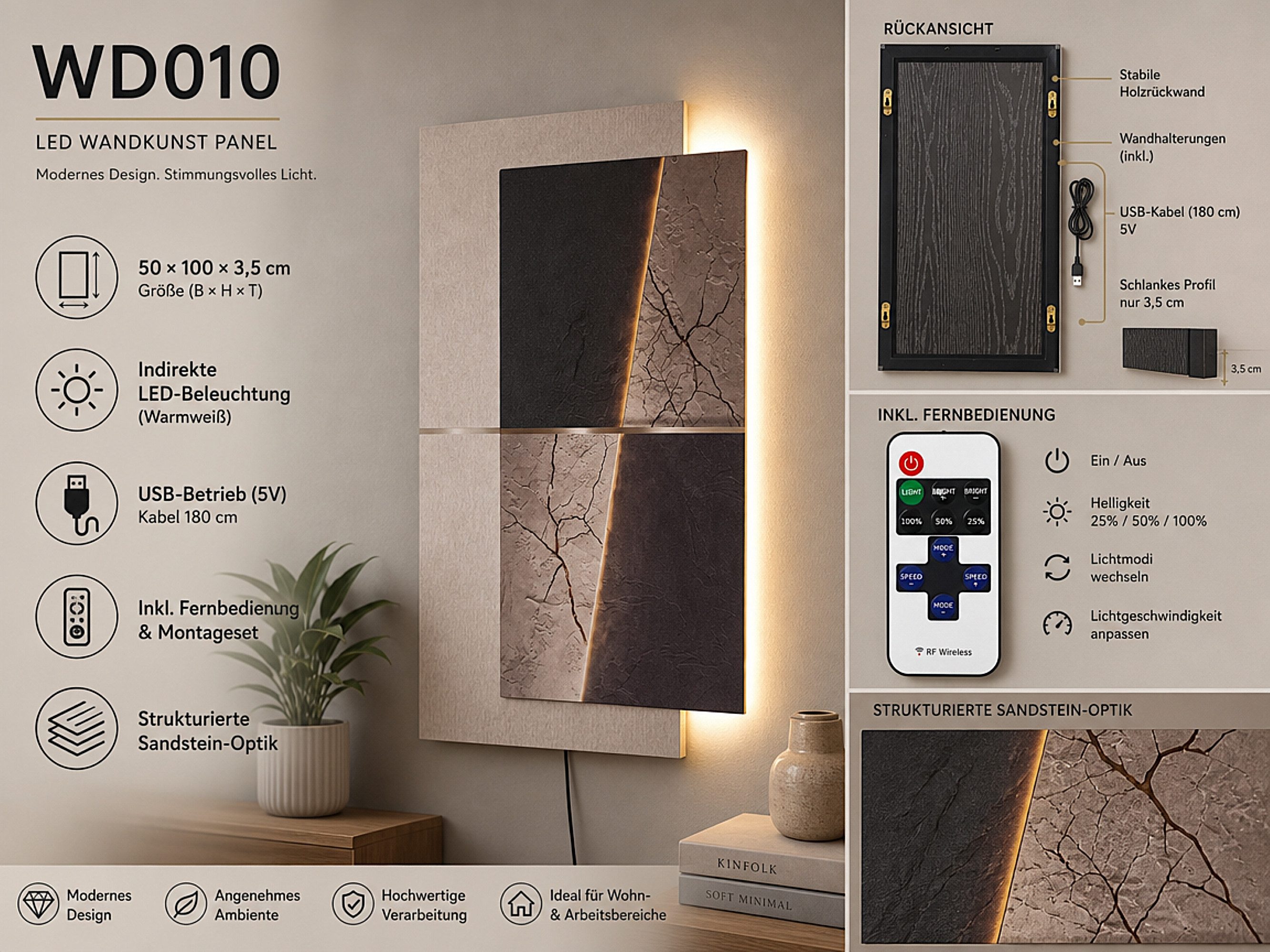 Arnusa LED-Bild Wandbild mit Beleuchtung 100 x 50 cm Abstrakt Modern Naturtöne Deko, Abstrakt (WD010), moderne Wandbeleuchtung mit Fernbedienung und USB – Bild 2 von 5