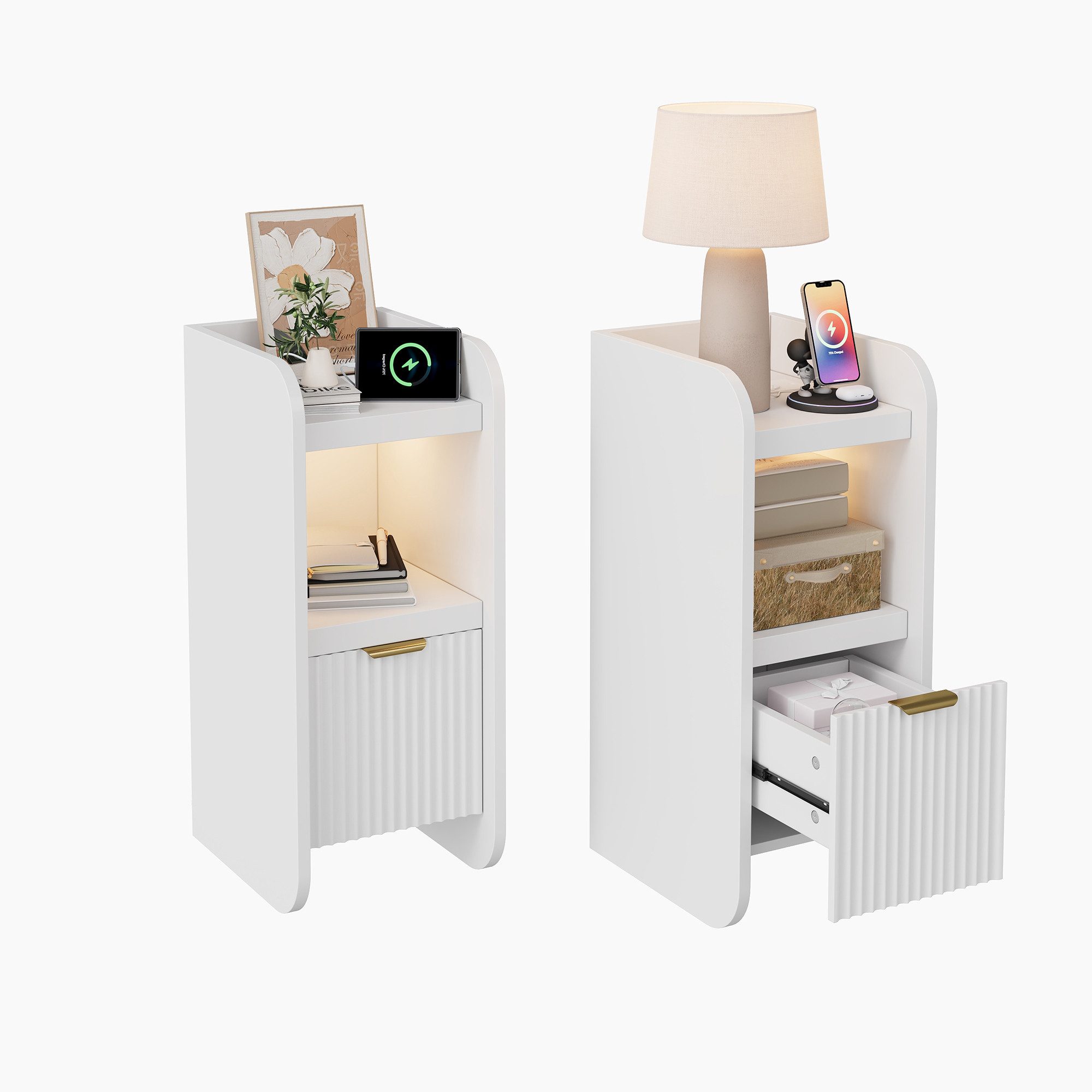 Nachttisch 2er Set Nachtschrank, schmal Beistelltisch,  mit LED, Ladestation