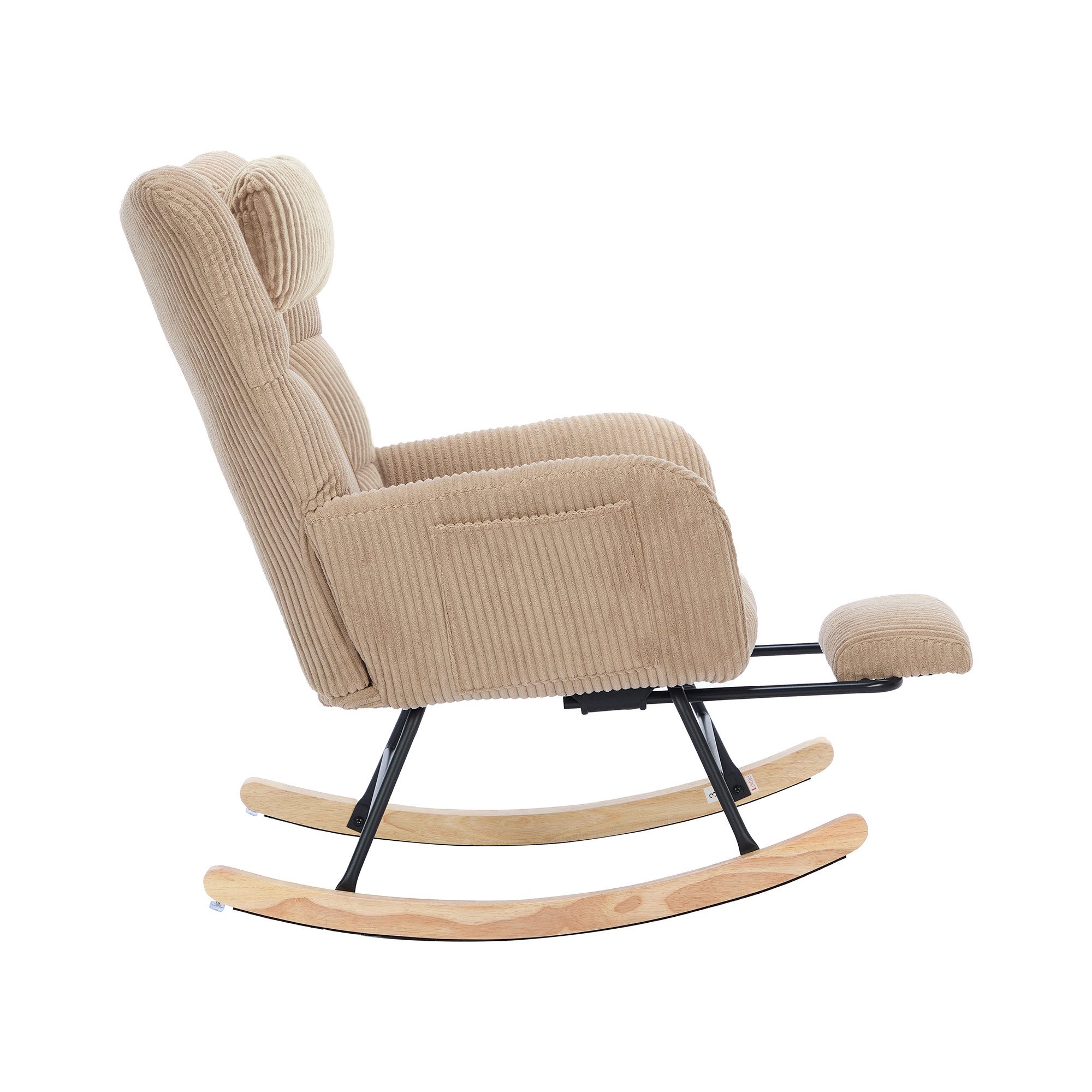 OKWISH Schaukelstuhl Schaukelstuhl in Braun, gepolsterter Stoff, Sitzhöhe 57 cm (Moderner Gleitstuhl für Kinderzimmer & Wohnbereich, 1 St), Mit hoher Rückenlehne & Nackenkissen, unsichtbarer Mechanismus