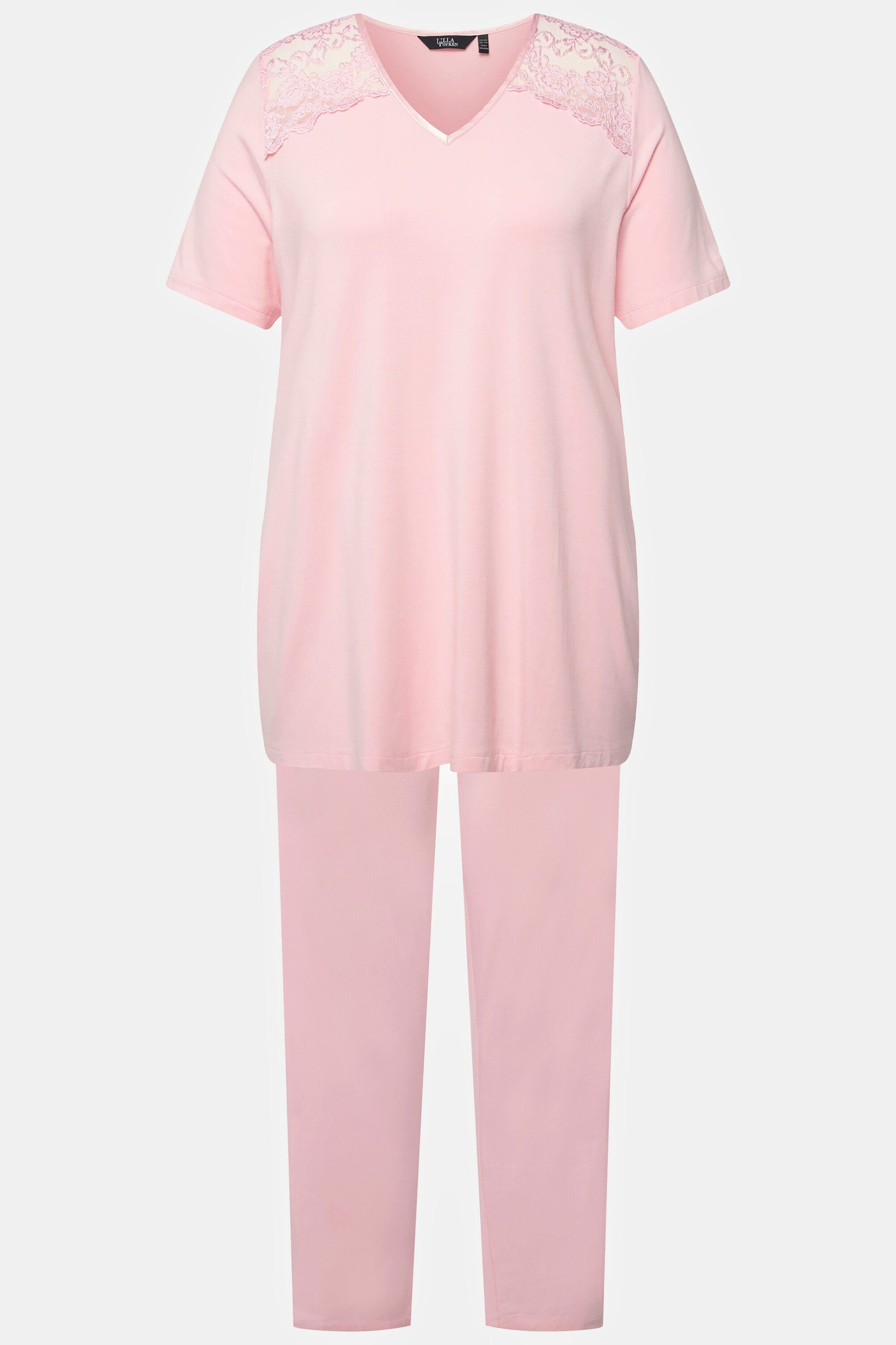 Pyjama Spitze Halbarm rosa V-Ausschnitt Pyjama Popken Ulla