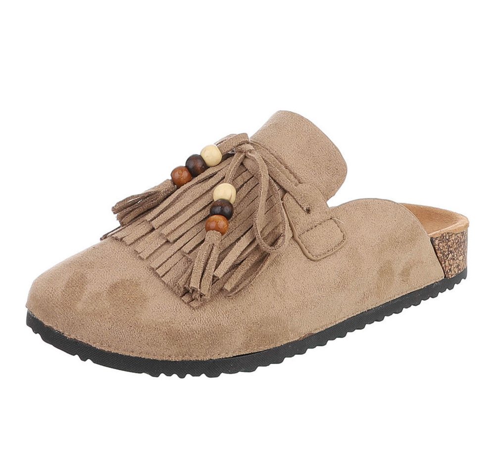 Ital-Design Damen Clog mit Fransen und Perlen, Schlupfschuh Pantolette (91742348) Flach Pantoletten in Hellbraun