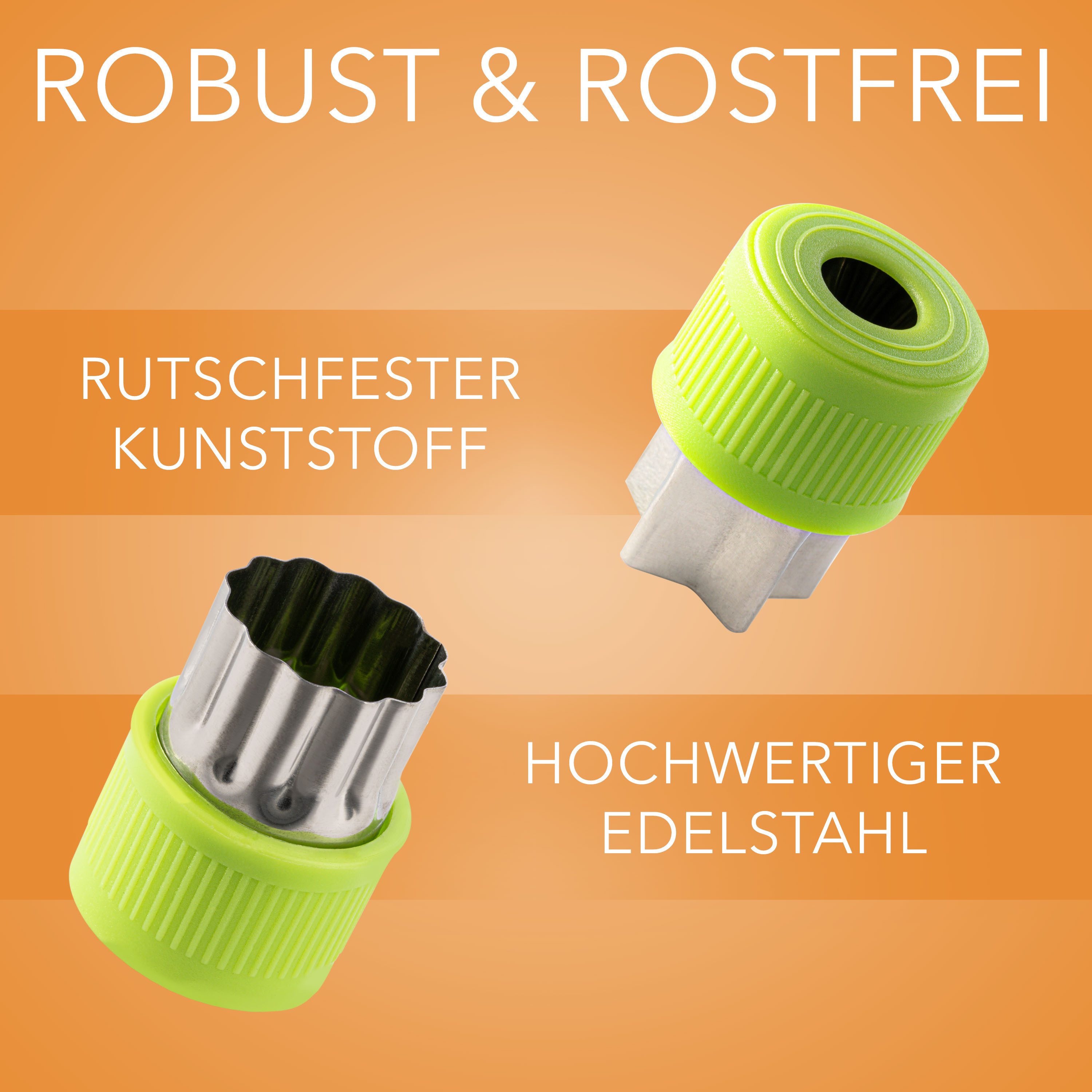 AVANA Ausstechform Edelstahl Ausstechformen Gemüse Obst Ausstecher Keks Gemüseausstecher, Edelstahl, (9 Stück), Schutzgriff für Kinder, BPA-frei, Grün – Bild 5 von 5