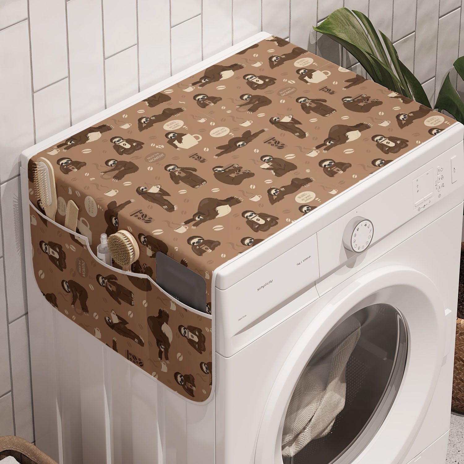 Abakuhaus Badorganizer Anti-Rutsch-Stoffabdeckung für Waschmaschine und Trockner, Lustige Sloth Morning Coffee Hugging