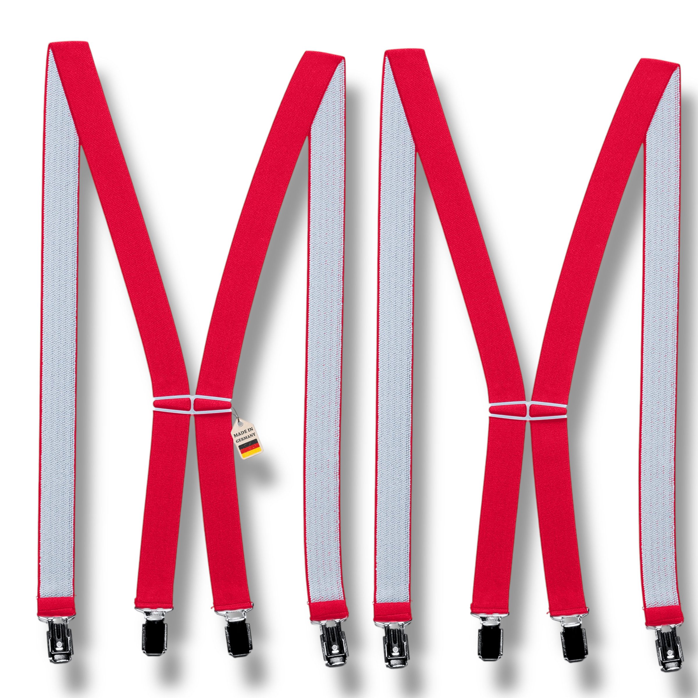 ZUKUNFTSENKEL Hosenträger 2er Pack schmal 2,5cm breite, 4 starke Clips Rot (X-Form Für Damen und Herren) Deutsche Herstellung, Elastisch