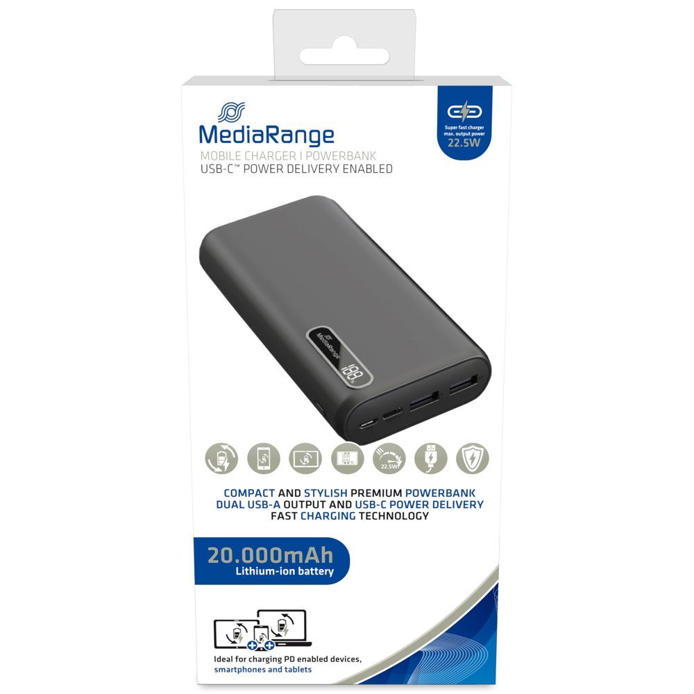 Mediarange Powerbank 20000 mAh Ladegerät USB 2x Typ A und 1x Typ C schwarz Powerbank