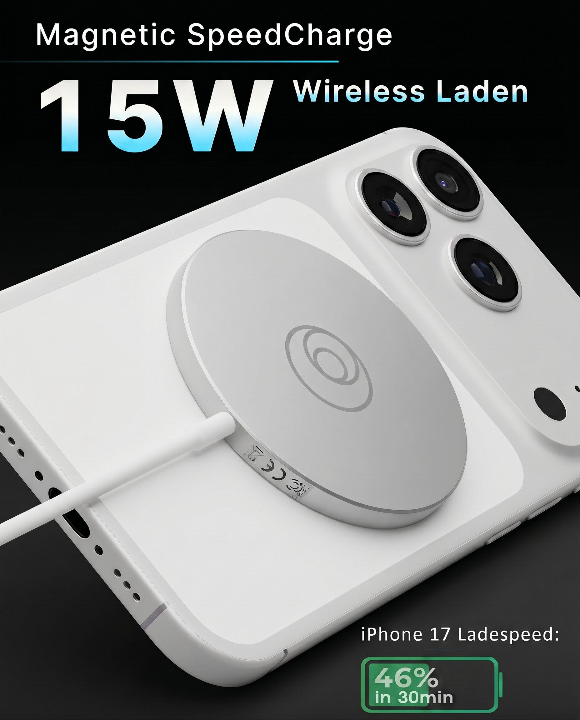 GreenHec MagSafe Ladegerät Wireless Charger Induktive Ladestation Kabellose 15w Wireless Charger (5,00 mA, Set, Magnetic MagPad + USB-A Adapter, iPhone 17 16 15 14 13 12 Pro Max Kontaktloses Kabellos Laden Induktion)