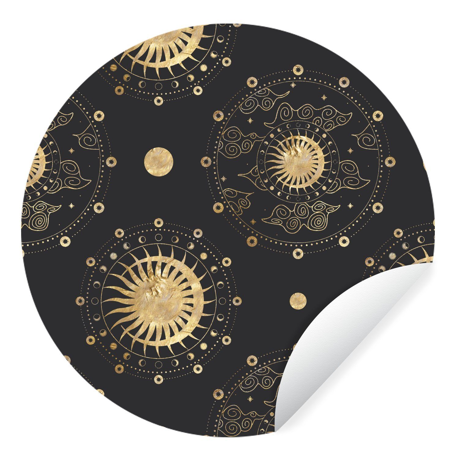 MuchoWow Wandsticker Muster - Mond - Sonne - Gold (1 St), Tapetenkreis für Kinderzimmer, Tapetenaufkleber, Rund, Wohnzimmer