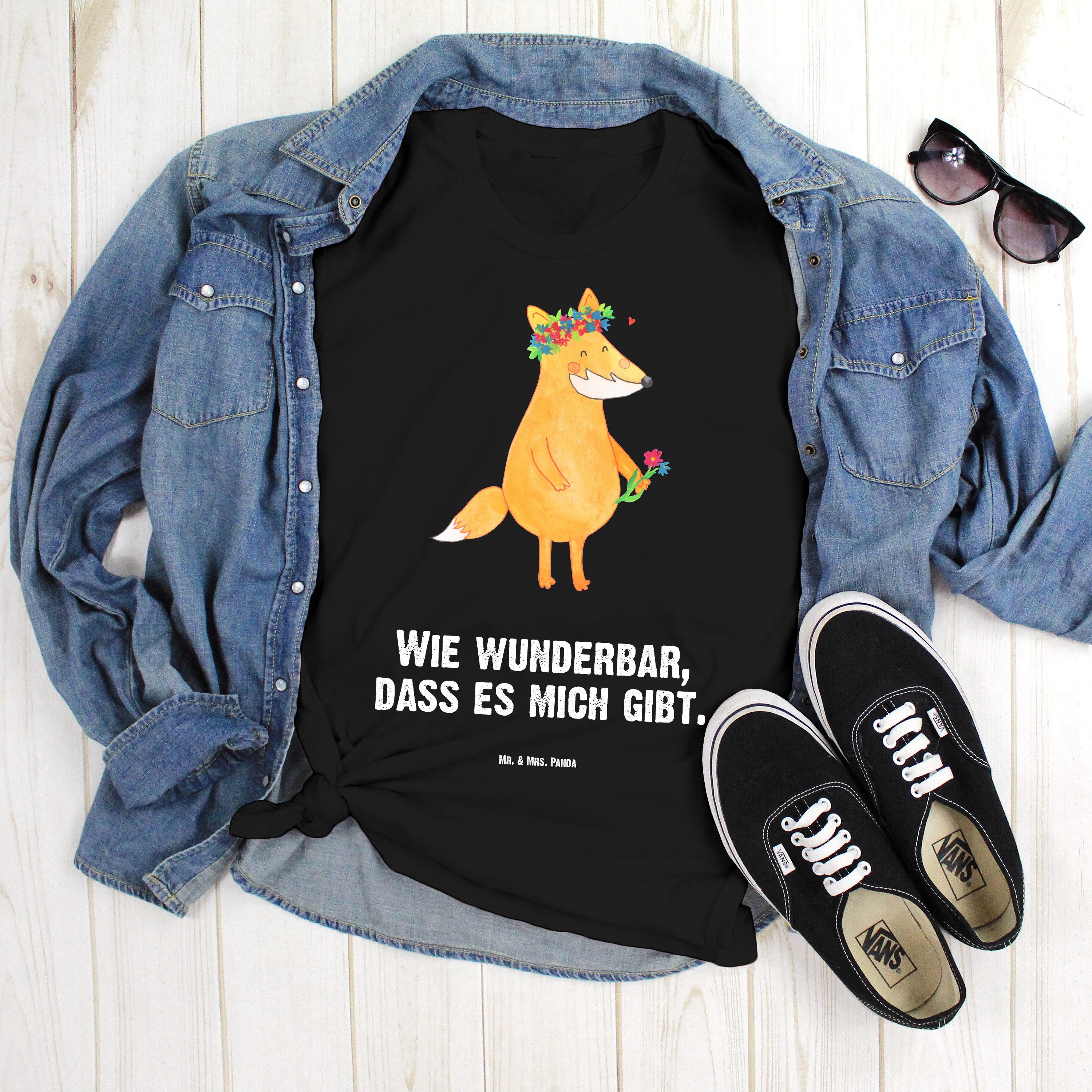Mr. & Mrs. Panda T-Shirt Fuchs Blumen, Größe L T-Shirt, Schwarz, Selbstbewusst, Blumen, Fox, I (Packung) Blumenkranz Selbstbewusst Blumenmädchen