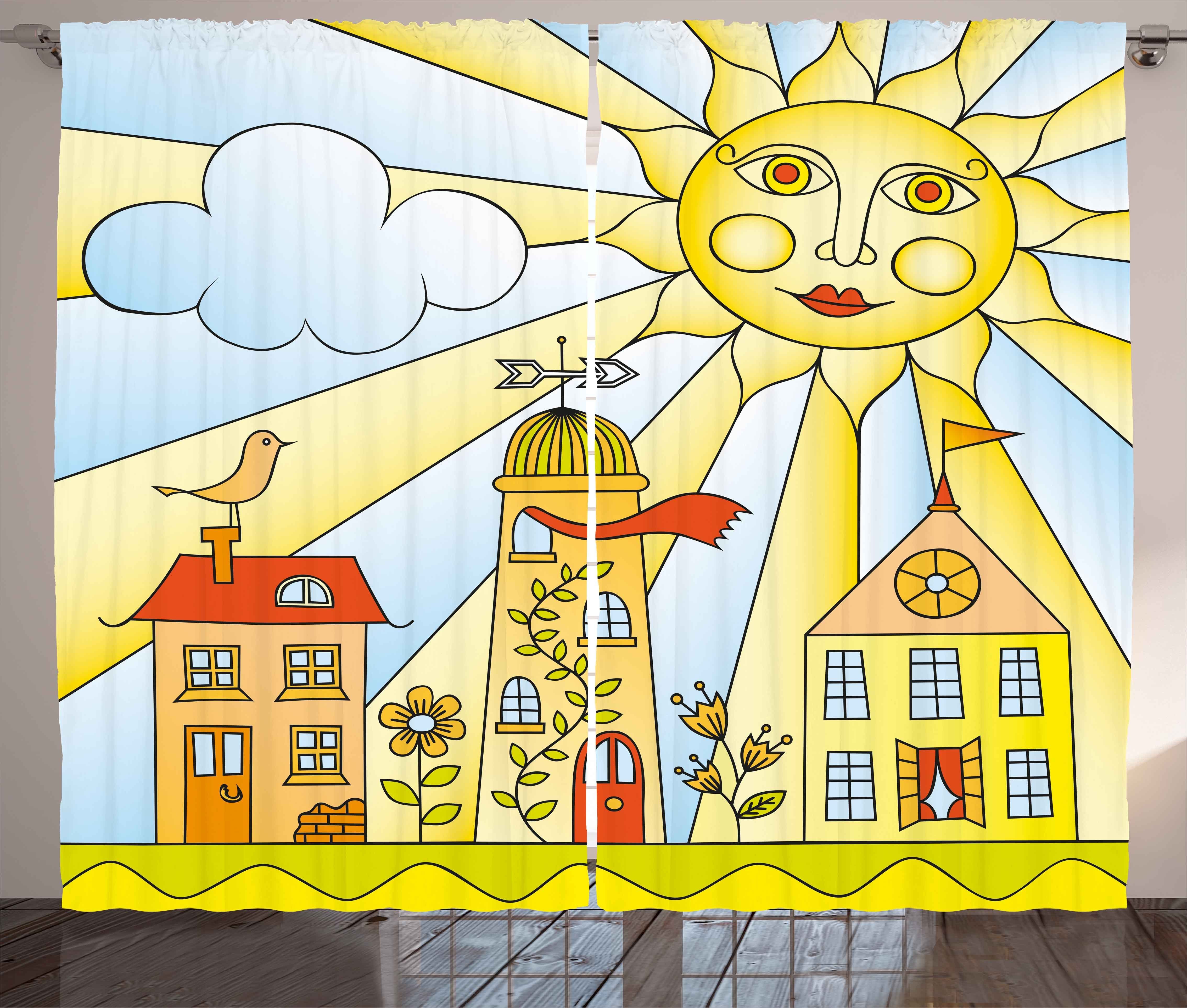Vorhang Sun Abakuhaus, Kindlich Schlaufen Kräuselband Schlafzimmer Haken, Gardine mit Lächeln und Garten