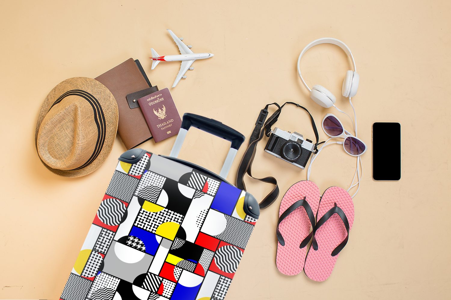 Ferien, Rollen, - Farben, Mondrian Handgepäck rollen, Reisekoffer für MuchoWow Reisetasche mit Trolley, Malerei 4 - Handgepäckkoffer