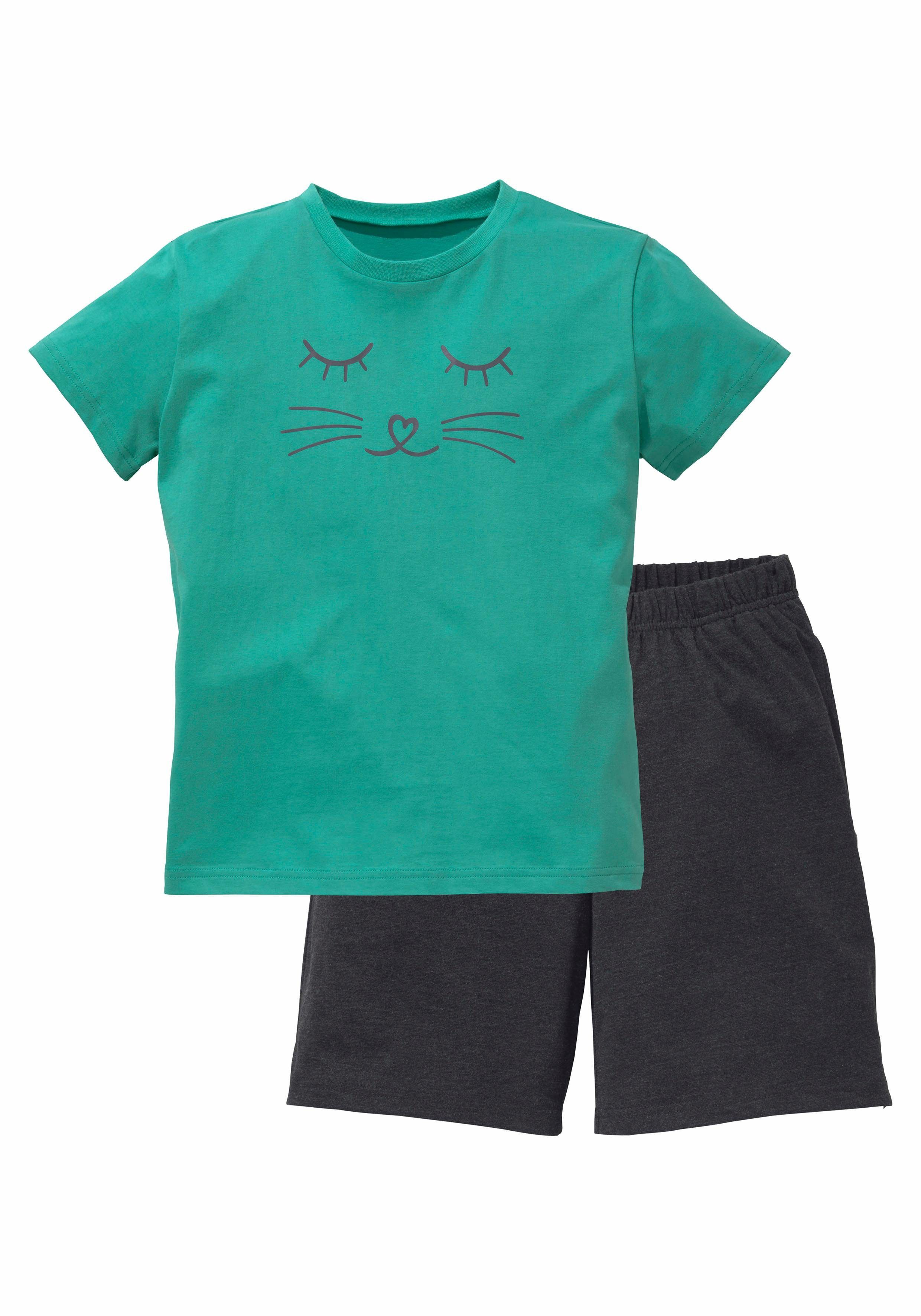 Vivance Pyjama (2 tlg., 1 Set) kurzer Schlafanzug, mit Katzendruck, aus Baumwolle