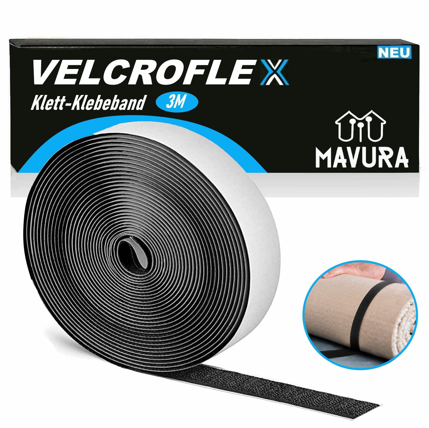 MAVURA Klett-Klebeband VELCROFLEX Klettband Selbstklebend Klettverschluss Doppelseitig Klett Klebeband Klebeklett Flauschband Hakenband schwarz [3m] (3,98€/m)