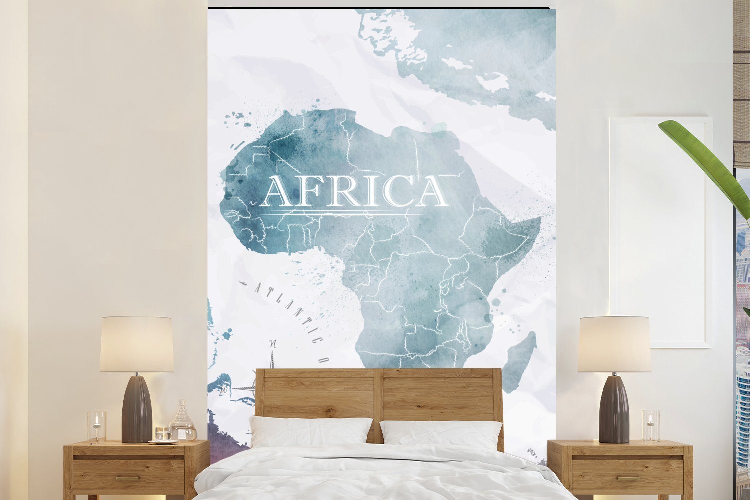 MuchoWow Fototapete Weltkarte - Afrika - Blau, Matt, bedruckt, (3 St), Montagefertig Vinyl Tapete für Wohnzimmer, Wandtapete