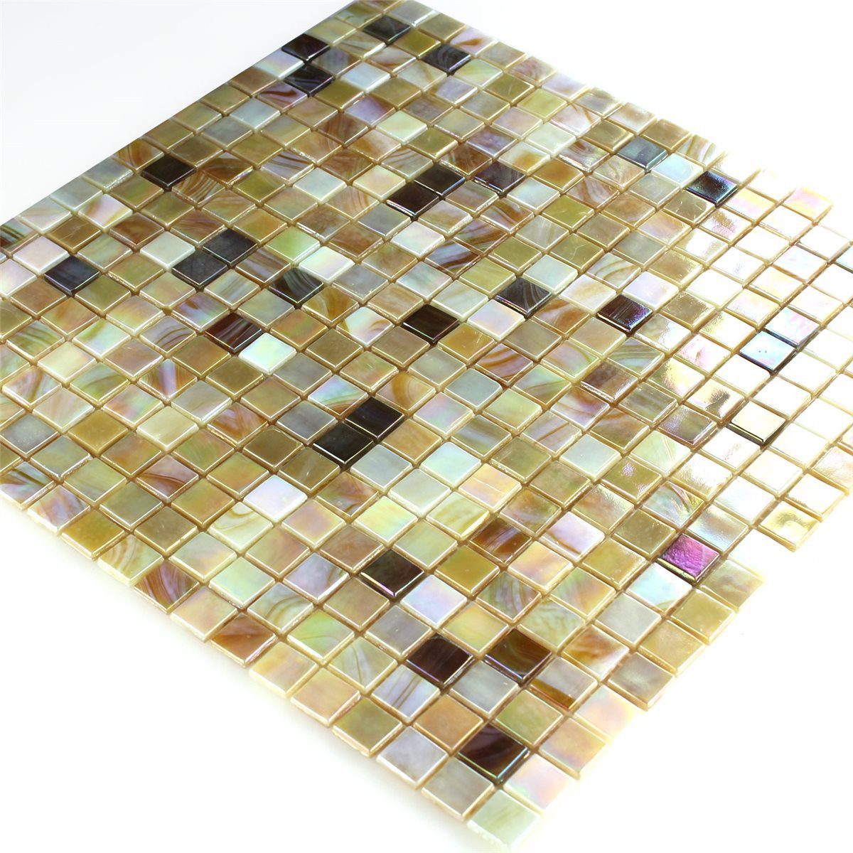 Mosafil Mosaikfliesen Glasmosaik Fliesen Perlmutt Effekt Carbonera Beige Gelb Braun, Glas 31.700x31.700, beige-braun-gelb, Verlegefertig auf ein Netz geklebt - Frostsicher - Wasserfest