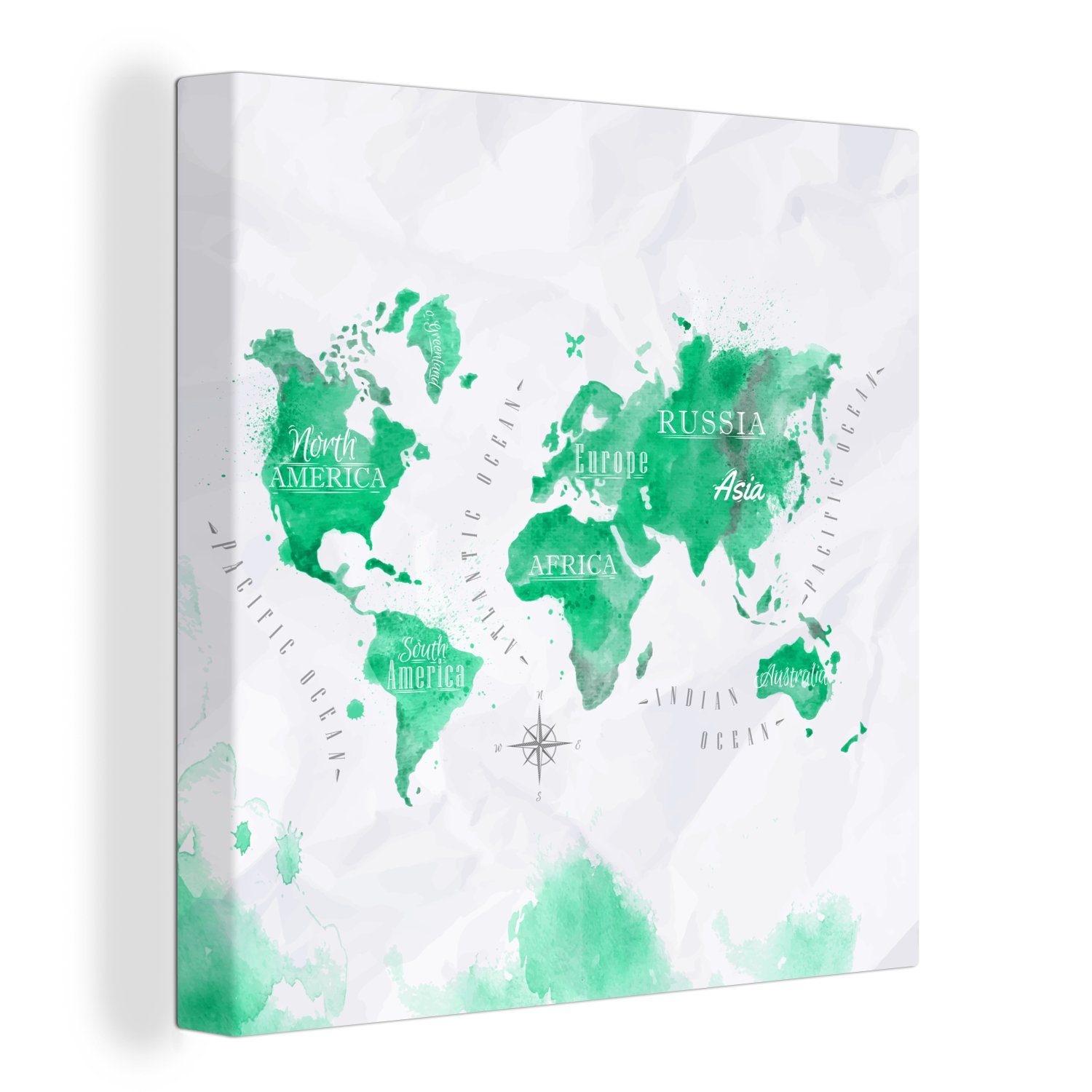 OneMillionCanvasses® Leinwandbild Weltkarten - Grün - Farbe, (1 St), Leinwand Bilder für Wohnzimmer Schlafzimmer