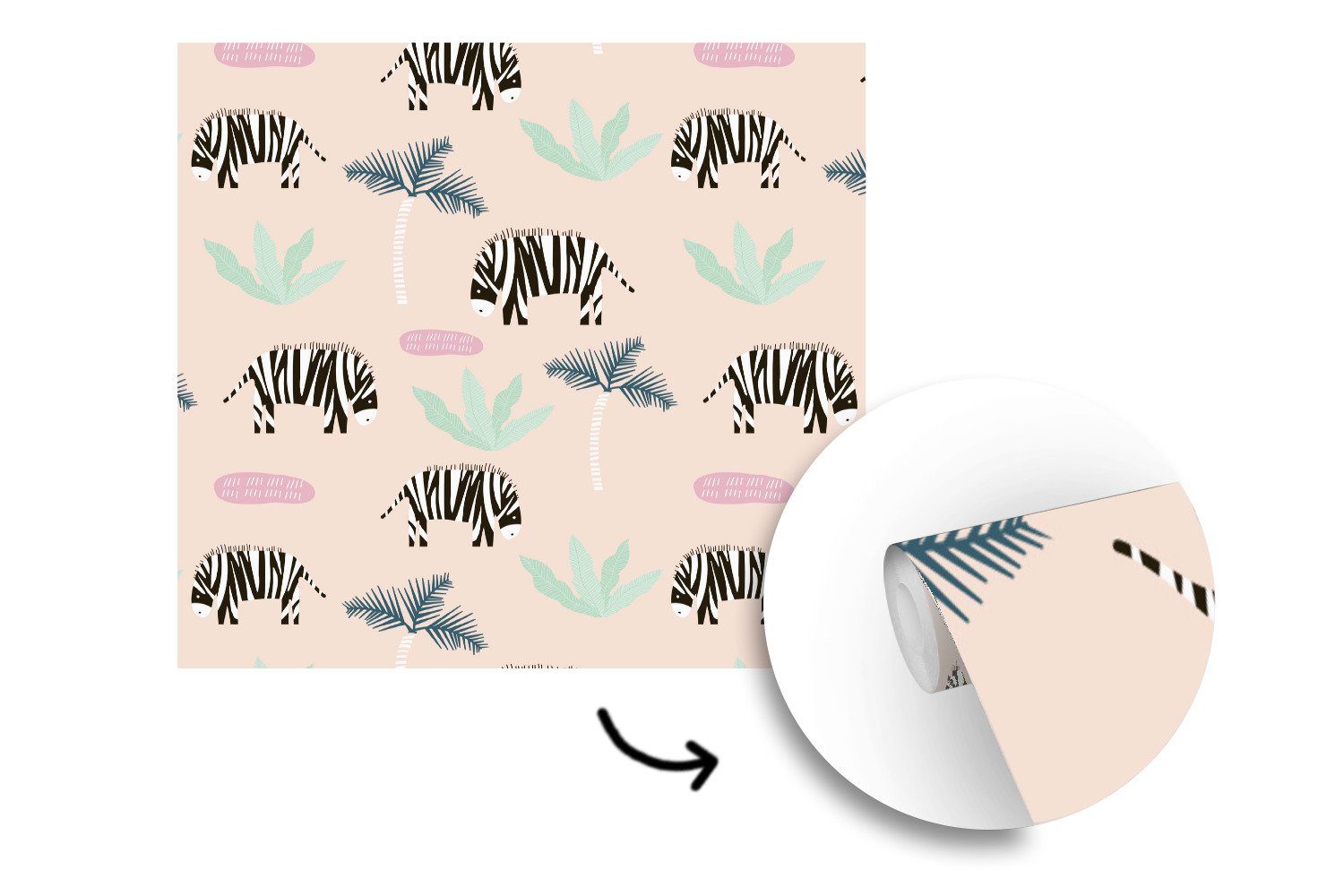 Pastell bedruckt, oder Wohnzimmer Muster, - (5 Tapete MuchoWow Schlafzimmer, St), Matt, Wandtapete Fototapete - - Palme Vinyl Zebra für