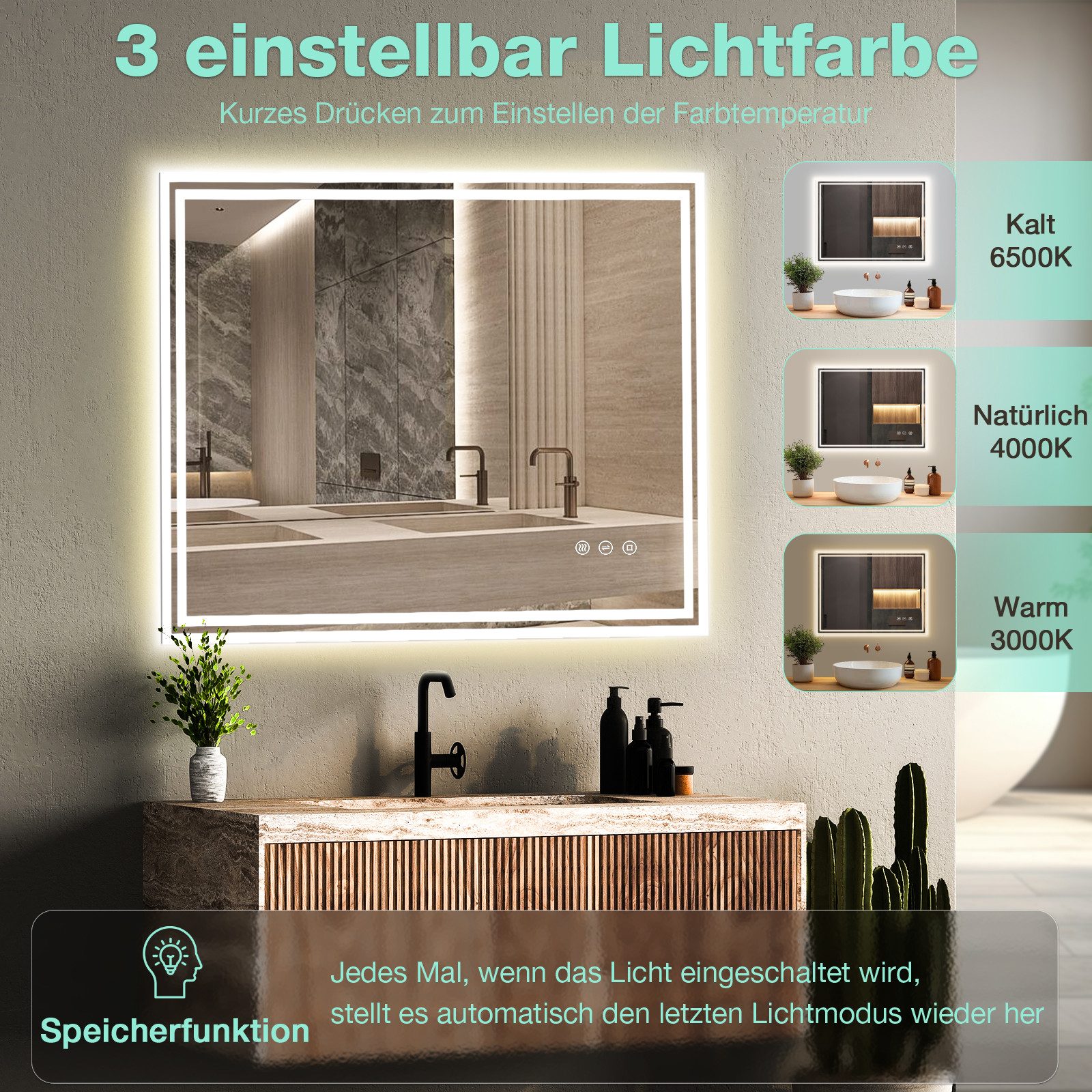 GIMBELEN Badspiegel Badezimmerspiegel mit LED-Beleuchtung, Touchschalter, IP44-Schutz (1-St), mit Steckdose, 3 Lichtfarben, beschlagsfrei, dimmbar, 60x80cm – Bild 3 von 5