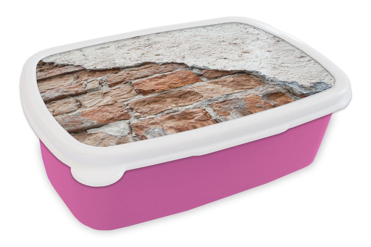 MuchoWow Lunchbox Gips - Stein - Mauer - Ziegel, Kunststoff, (2-tlg), Brotbox für Erwachsene, Brotdose Kinder, Snackbox, Mädchen, Kunststoff rosa