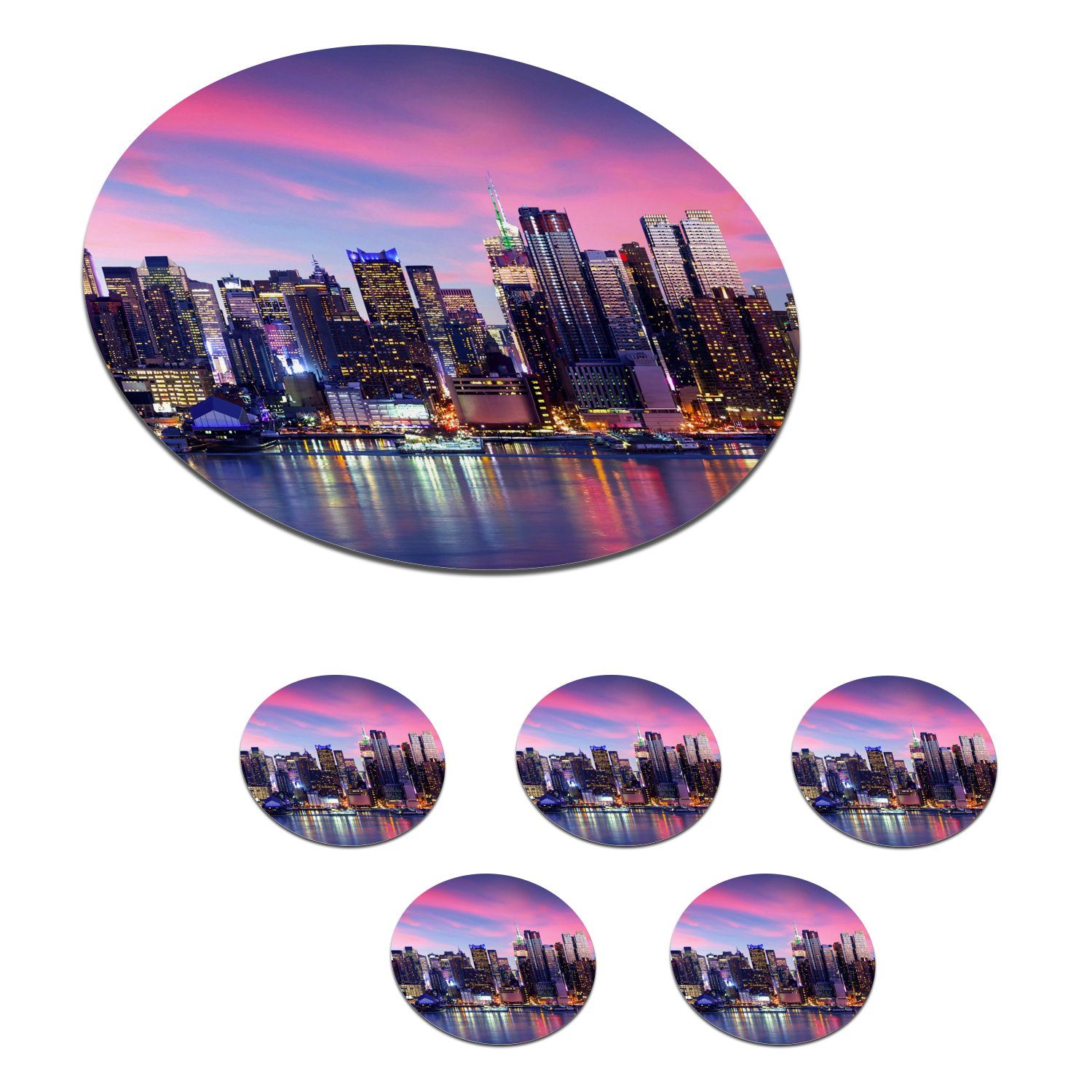 MuchoWow Glasuntersetzer Skyline - Wasser - Rosa - New York, Zubehör für Gläser, 6-tlg., Getränkeuntersetzer, Tassenuntersetzer, Korkuntersetzer, Tasse, Becher