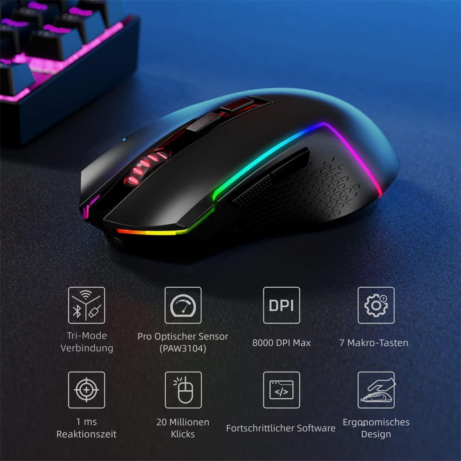 Redragon 3-Modus Wireless (2,4 GHz/Bluetooth/Kabel), RGB-Beleuchtung Gaming-Maus (Bluetooth, kabelgebunden, RF Wireless, 1 dpi, 8000 DPI, 7 programmierbare Makro-Tasten)