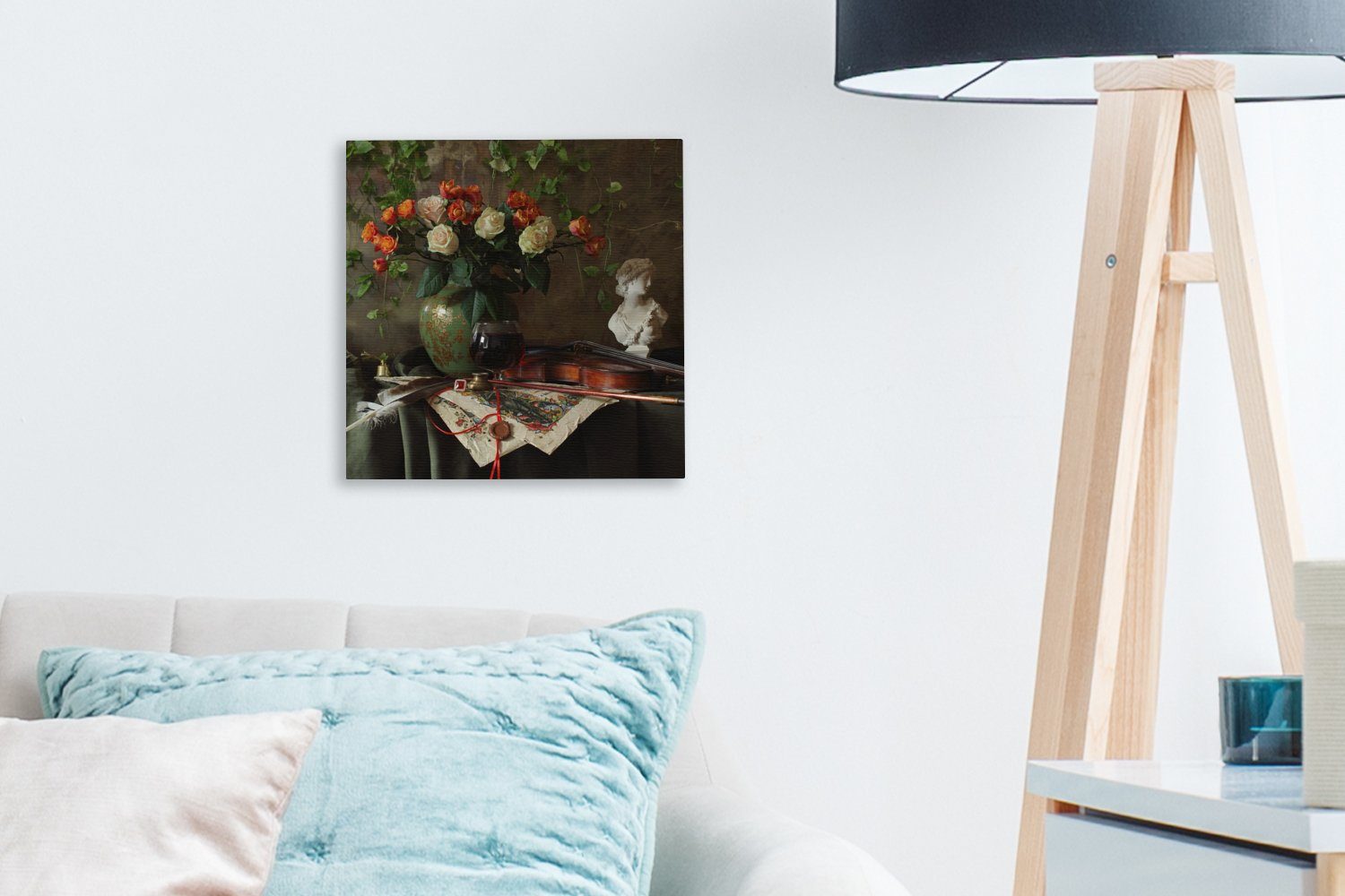 OneMillionCanvasses® Leinwandbild Stilleben - Rosen - Geige, Fotodruck (1 St), Wandbild, Deko Schlafzimmer Wohnzimmer Flur 20x20 cm
