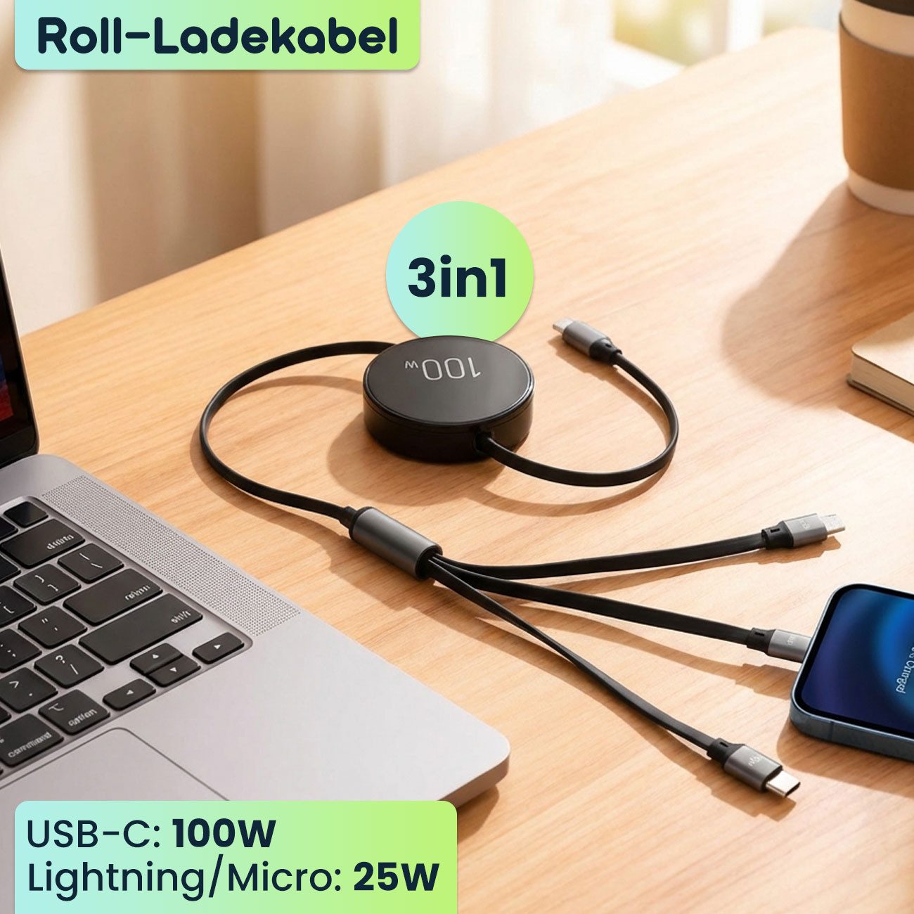 shop'n smile ideoon 3in1 Roll-Ladekabel: 100W Power für Android & iPhone Lightningkabel, USB-C, 1m ausziehbar, extrem robust & ohne Kabelsalat - USB-C