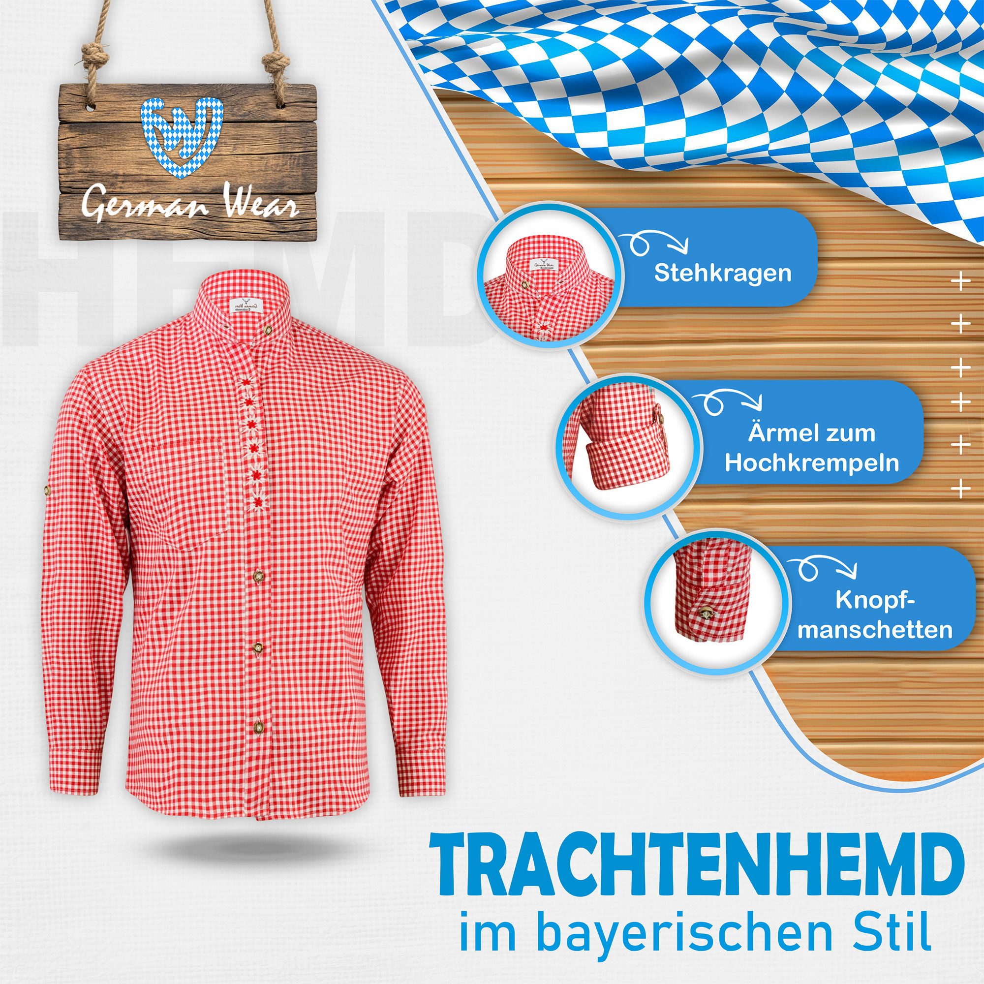 German Wear Trachtenhemd GW1205-EW-SK Trachtenhemd für Trachtenlederhosen mit Edelweiß-Stickerei stehkragen