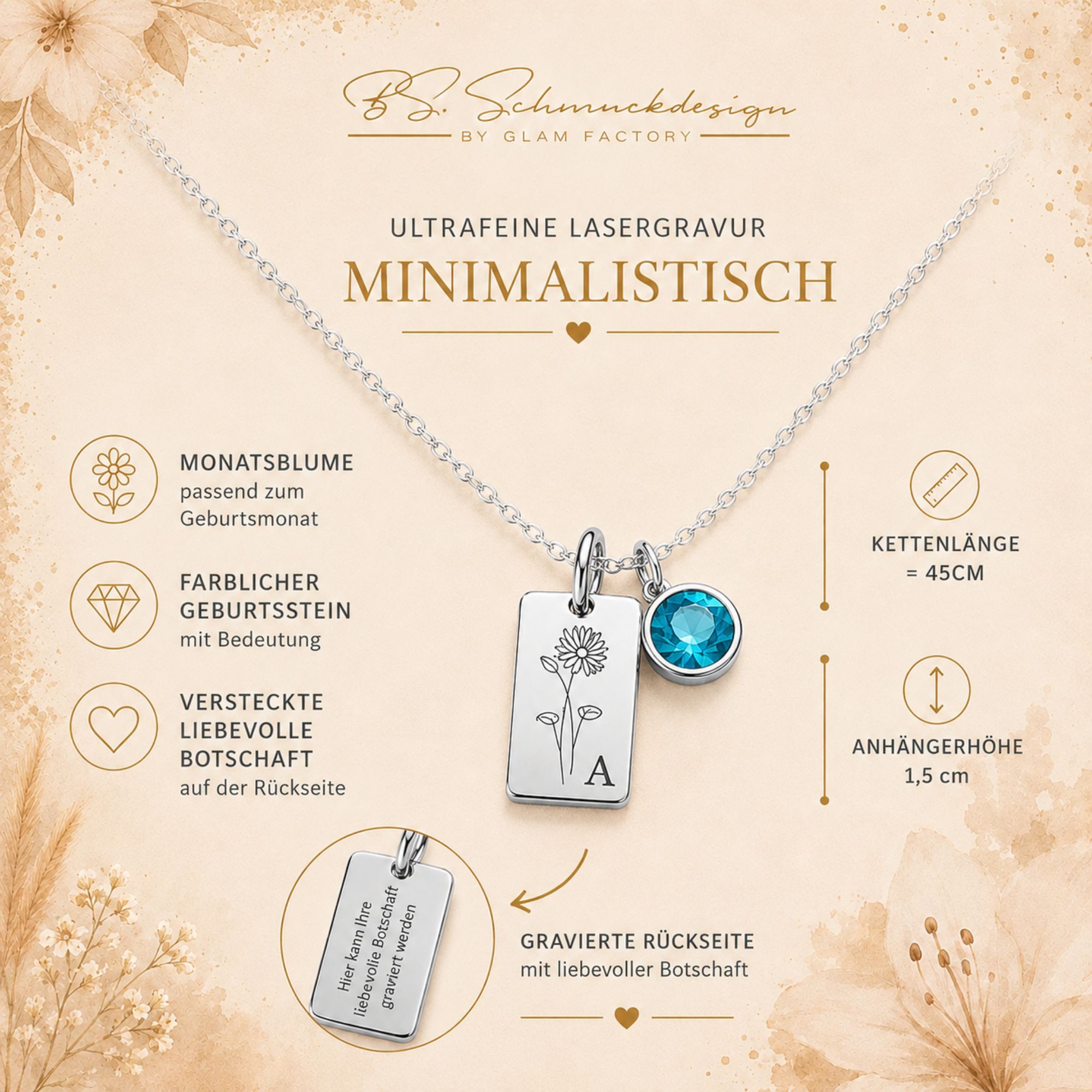 BS Schmuckdesign Kette mit Anhänger mit Gravur Personalisierte Halskette Damen mit Gravur Monatsblume Initiale (inkl. Geburtsstein), inkl. Geschenkbox