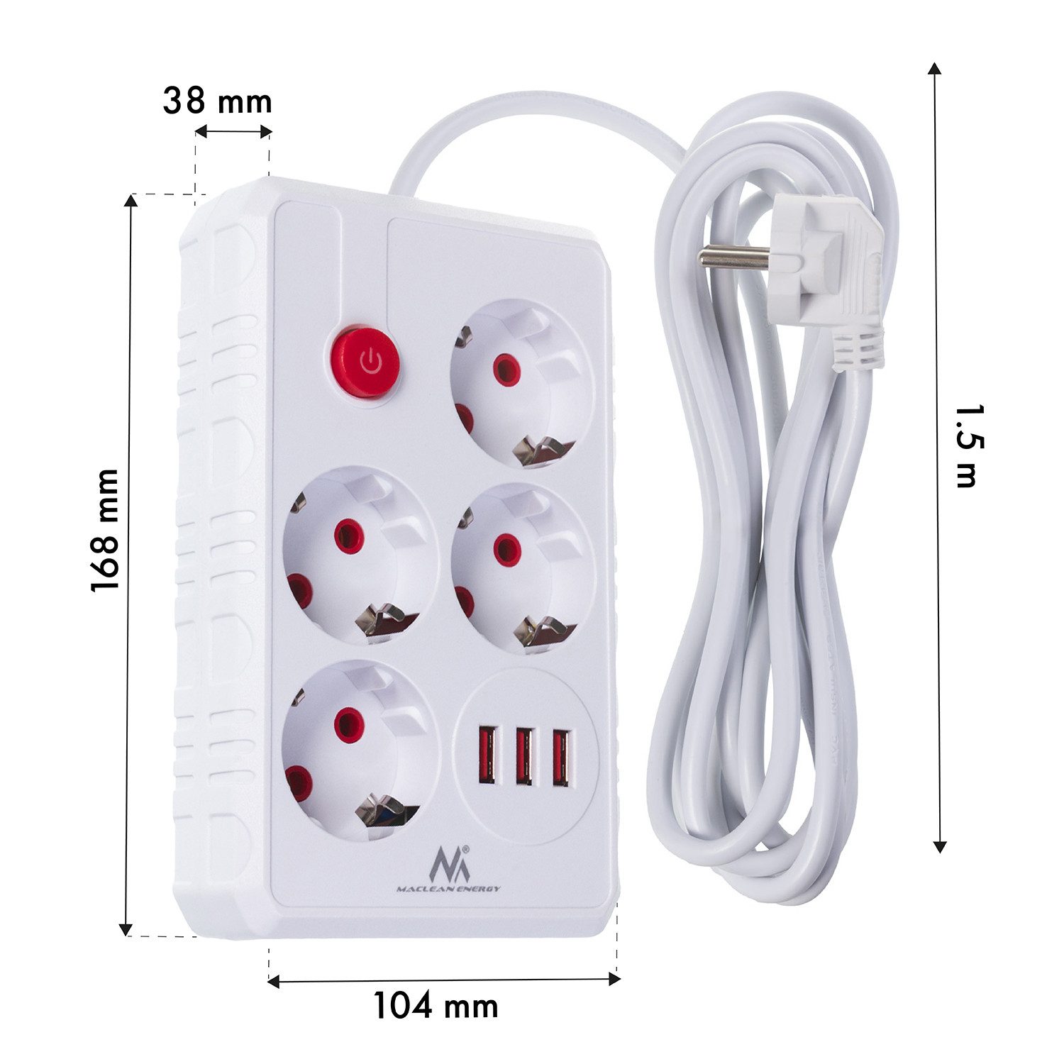 Maclean 4 Steckdosen 2500W 3xUSB Mehrfachsteckdose 4-fach (Kabellänge 1.5 m), 110-240V AC 50/60Hz, 2.1A