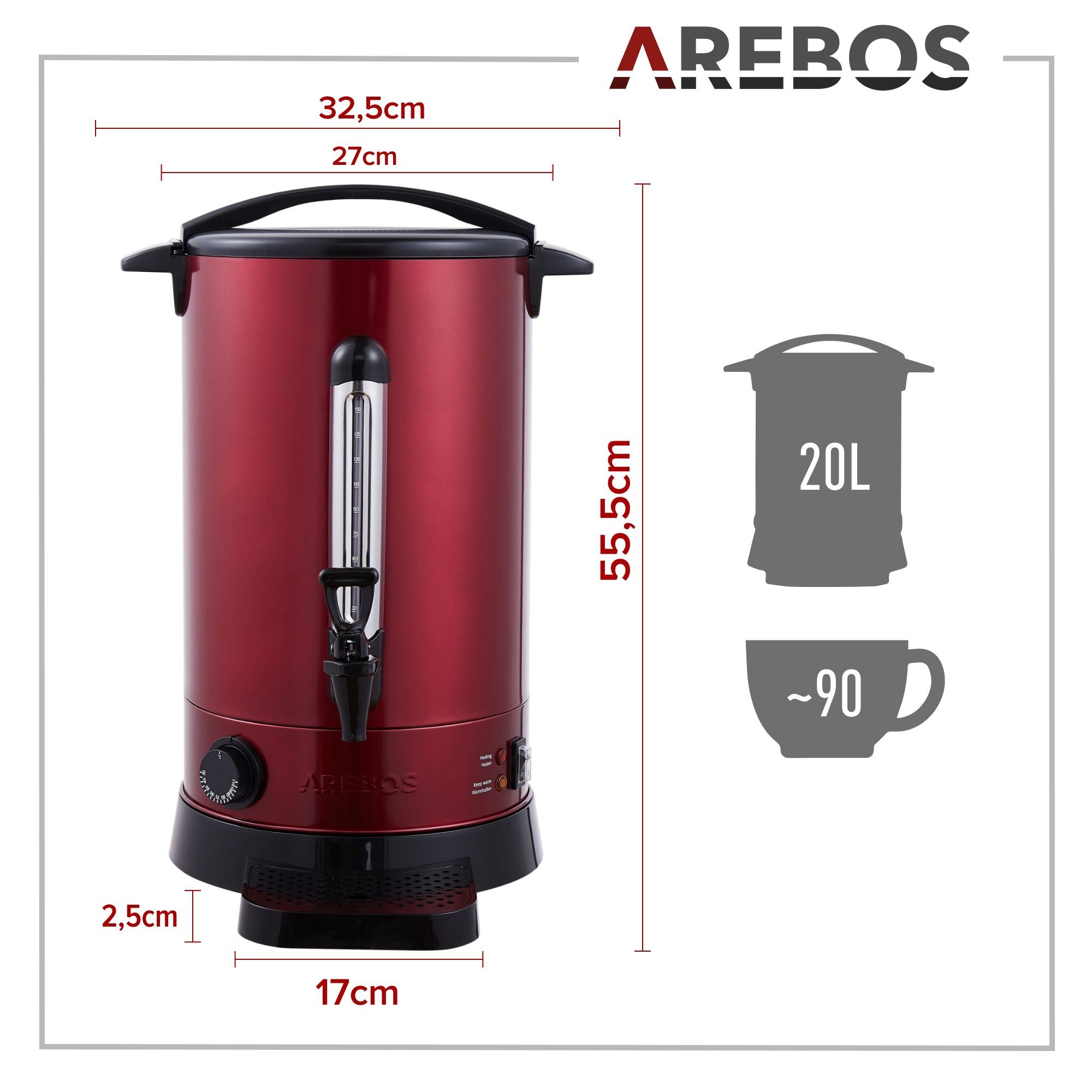 Arebos Einkoch- und Glühweinautomat rot 3 20 1650,00 L, Überhitzungsschutz, 30-110°C, Temperatureinstellung W Farben