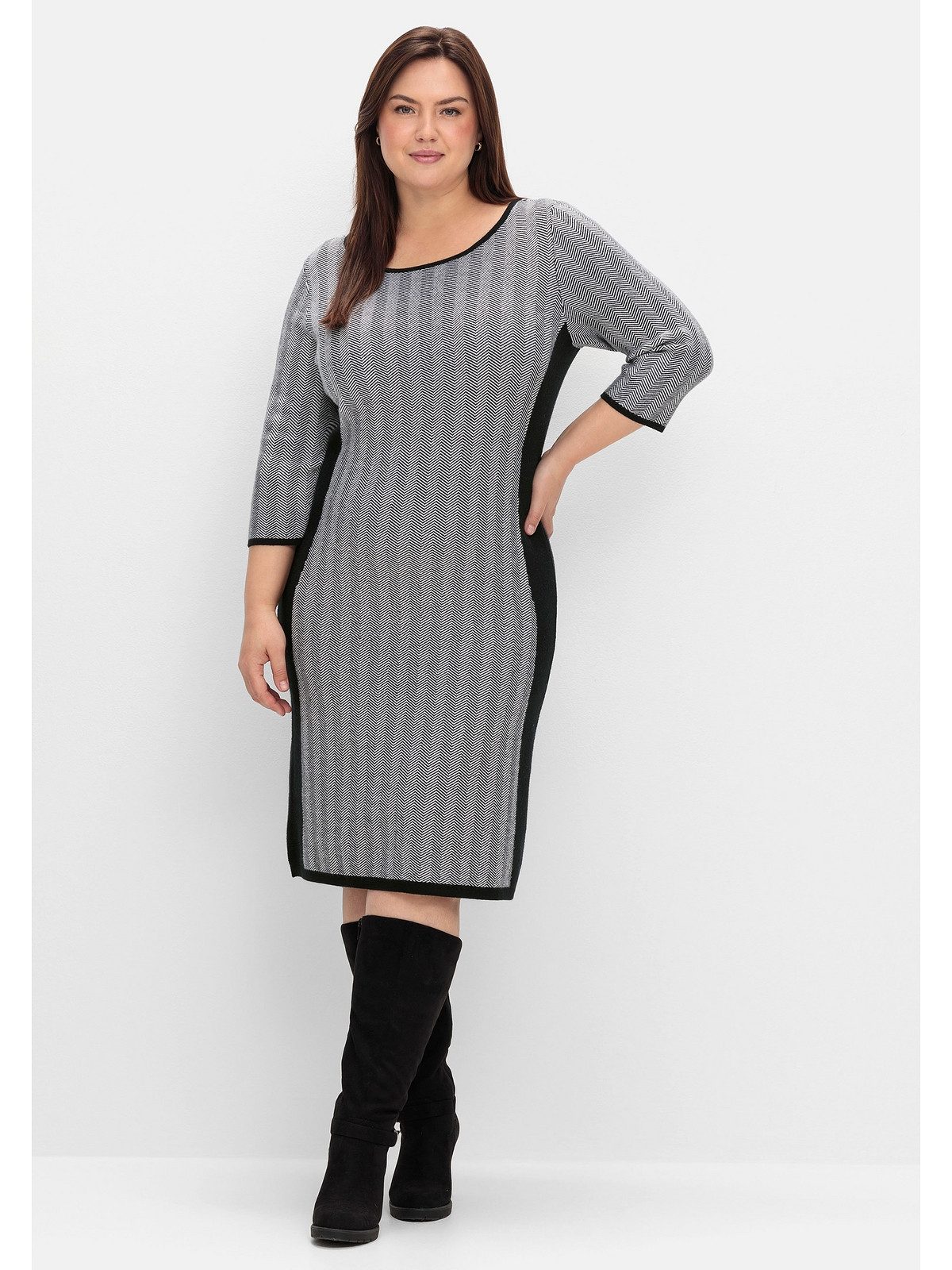 Sheego Strickkleid Große Größen im Fischgrätmuster, mit Kontrastdetails