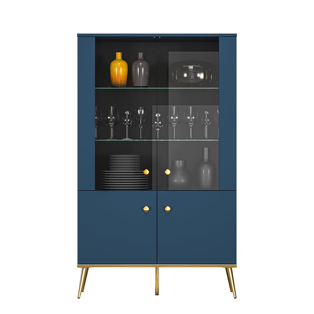 Lomadox Highboard MONTPELLIER-131, in dunkelblau mit Glastüren und Glasböden, B/H/T ca. 92/152/40 cm