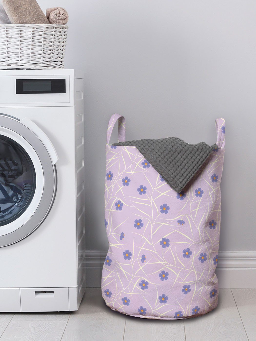 Abakuhaus Wäschesäckchen Wäschekorb mit Blumige Frühling Griffen für Waschsalons, Kordelzugverschluss Lila Reisig