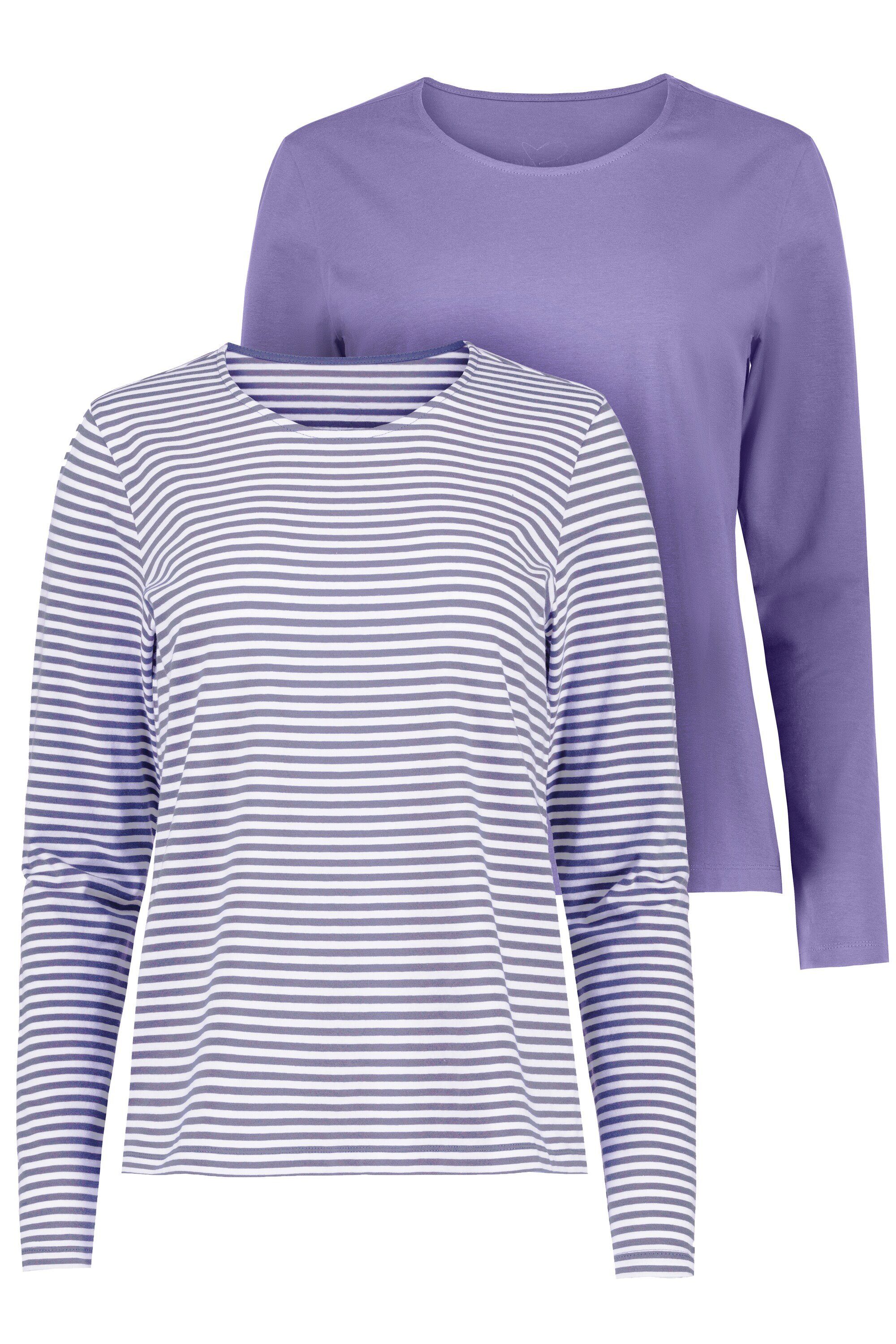 Rundhalsshirt violet Langarm 2er-Pack Gina Rundhals Laura Shirts Ringel/uni (2-tlg)