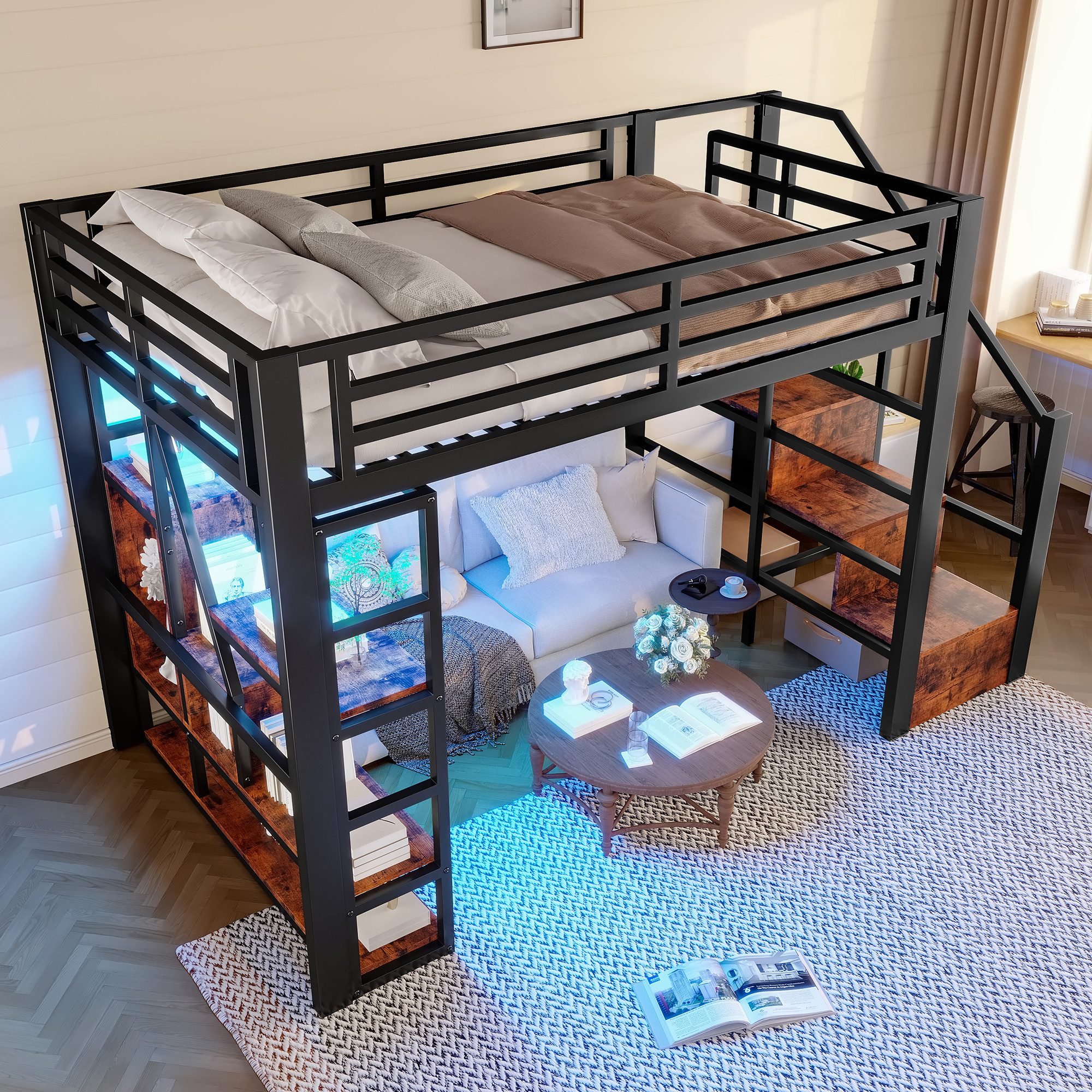 Merax Hochbett 140x200cm mit LED-Lichtleiste & Stauraum (Jugendbett aus Eisen und MDF, 1-St) Metallbett Kinderbett mit Stauraumtreppe Geländer Ablagefach & Leiter