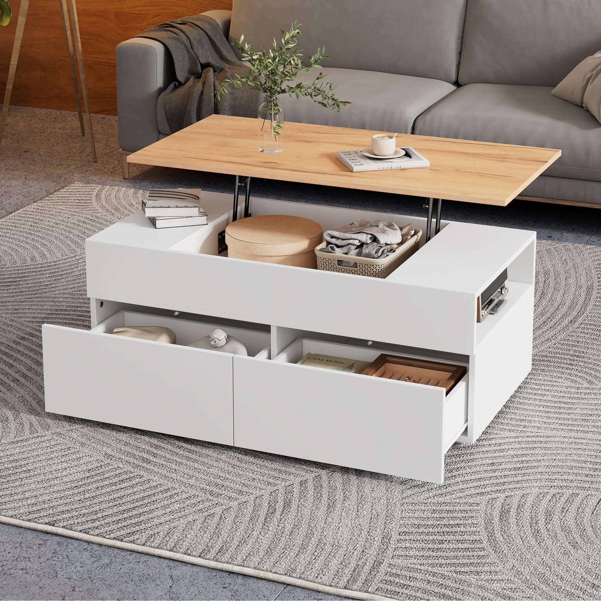Merax Couchtisch höhenverstellbarer Wohnzimmertisch mit Anhebbarer Tischplatte (100x50x40cm, 1-St., Beistelltisch Kaffeetisch), Sofatisch mit 2 Schubladen,Verst – Bild 4 von 5