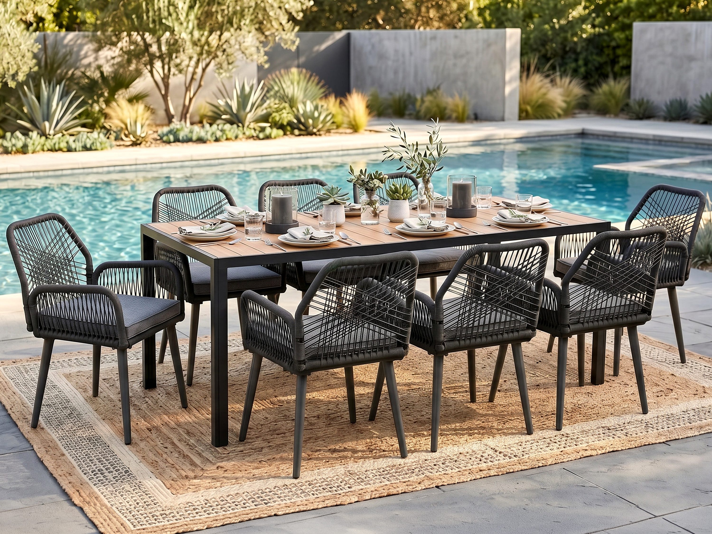 Swing&Harmonie Garten-Essgruppe für 6-8 Personen mit Tisch, Seilgeflecht-Stühle Esstisch, (Garten Sitzgruppe, wetterfest, WPC-Tischplatte, inkl. Kissen), Outdoor Terrasse