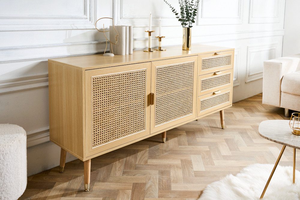 riess-ambiente Sideboard VIENNA 154cm natur - Rattan, Wiener Geflecht, Drei Schubladen, Retro (Einzelartikel, 1 St), Charmante Kommode im Boho-Stil - ideal für Wohn- und Schlafzimmer