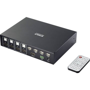 Mehrfachverlängerung 4x1 Vierfach-KVM-Switch, Multi-View, SpeaKa Professional, (KVM-SwitchNetzteil mit 12 VDC/2 AFernbedienung (incl. CR2025-Batterie)2 x L-förmige GerätefüßePhoenix-Stecker für RS232-Kabelanschluss6 x SchraubenAnleitung), KVM-Umschalter